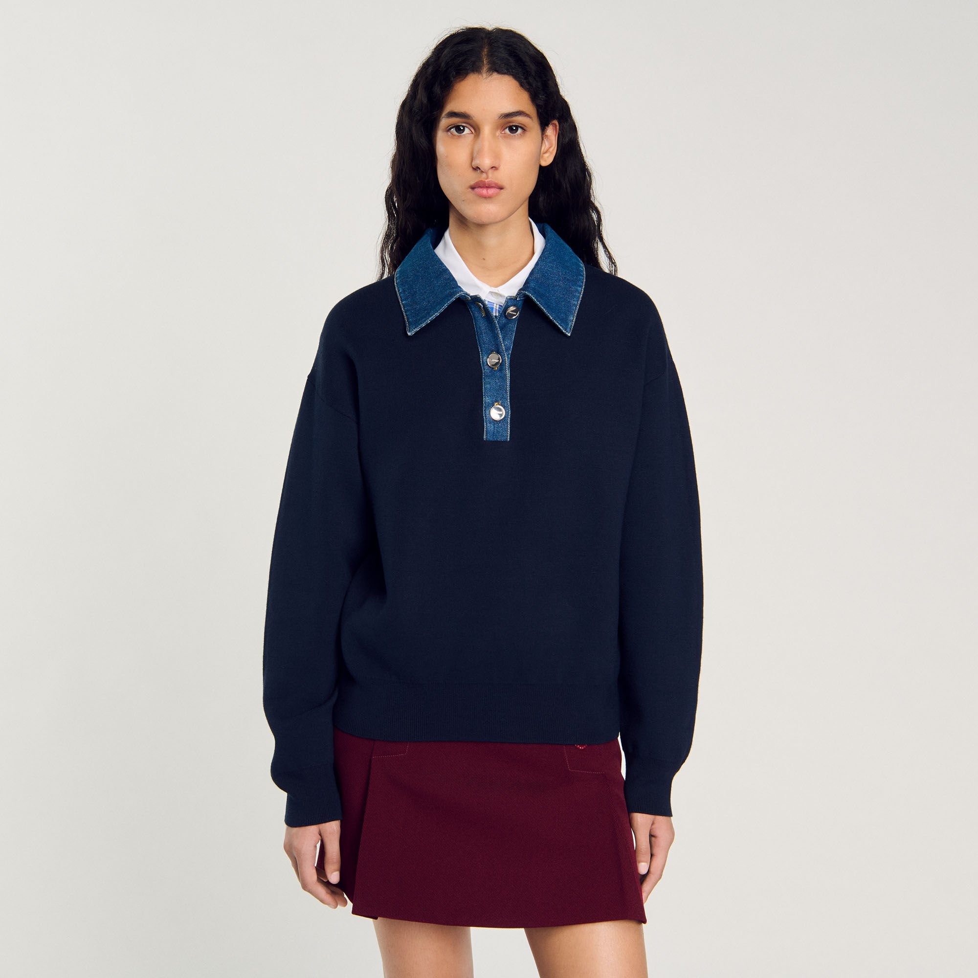SWEATER WITH DENIM COLLAR - 4