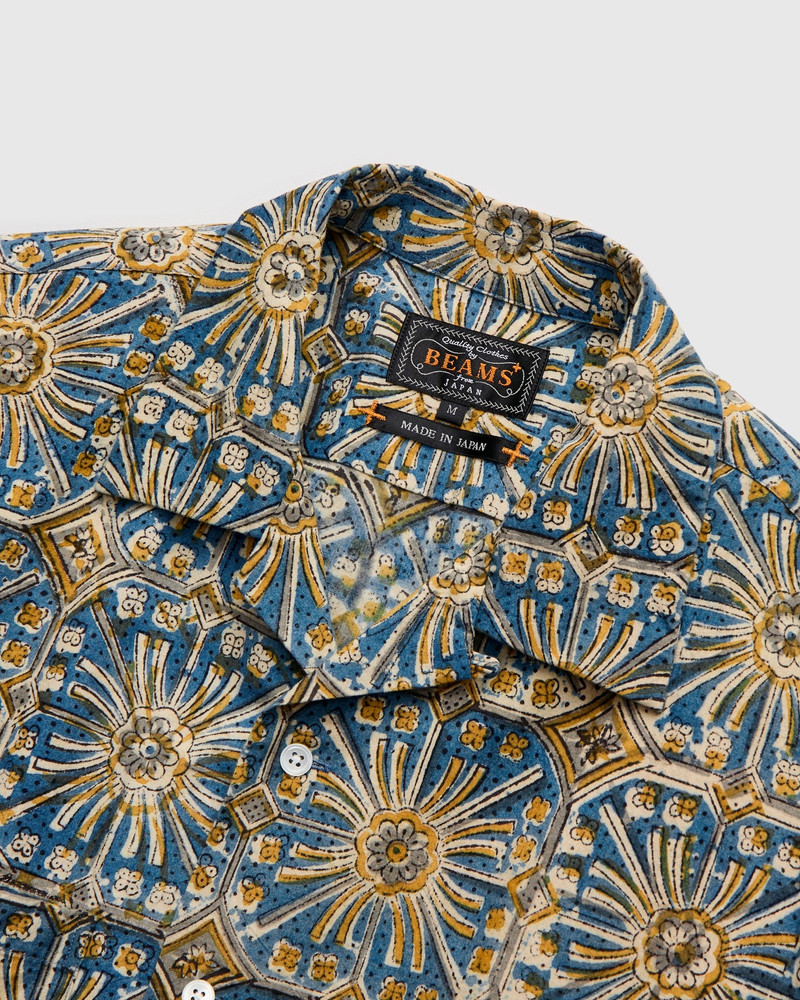 Floral Stamp Block Print Open Collar Shirt in Yellow 3