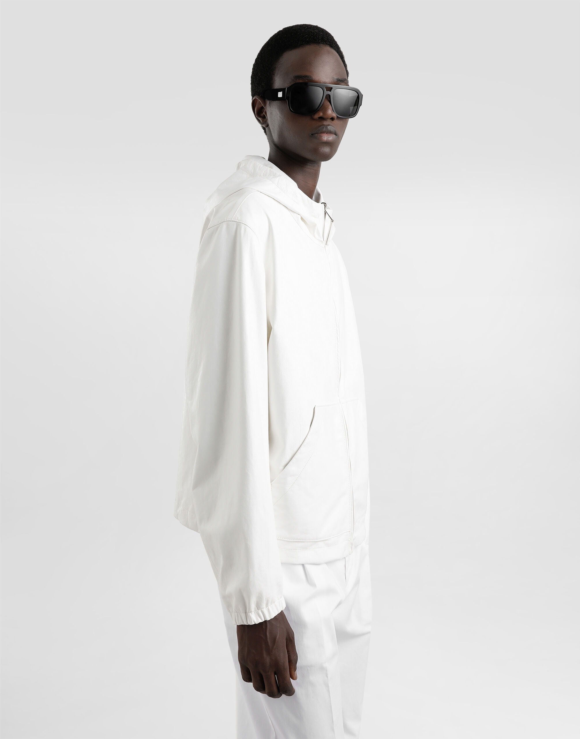 Leather and fabric jacket with reversible hood - 4