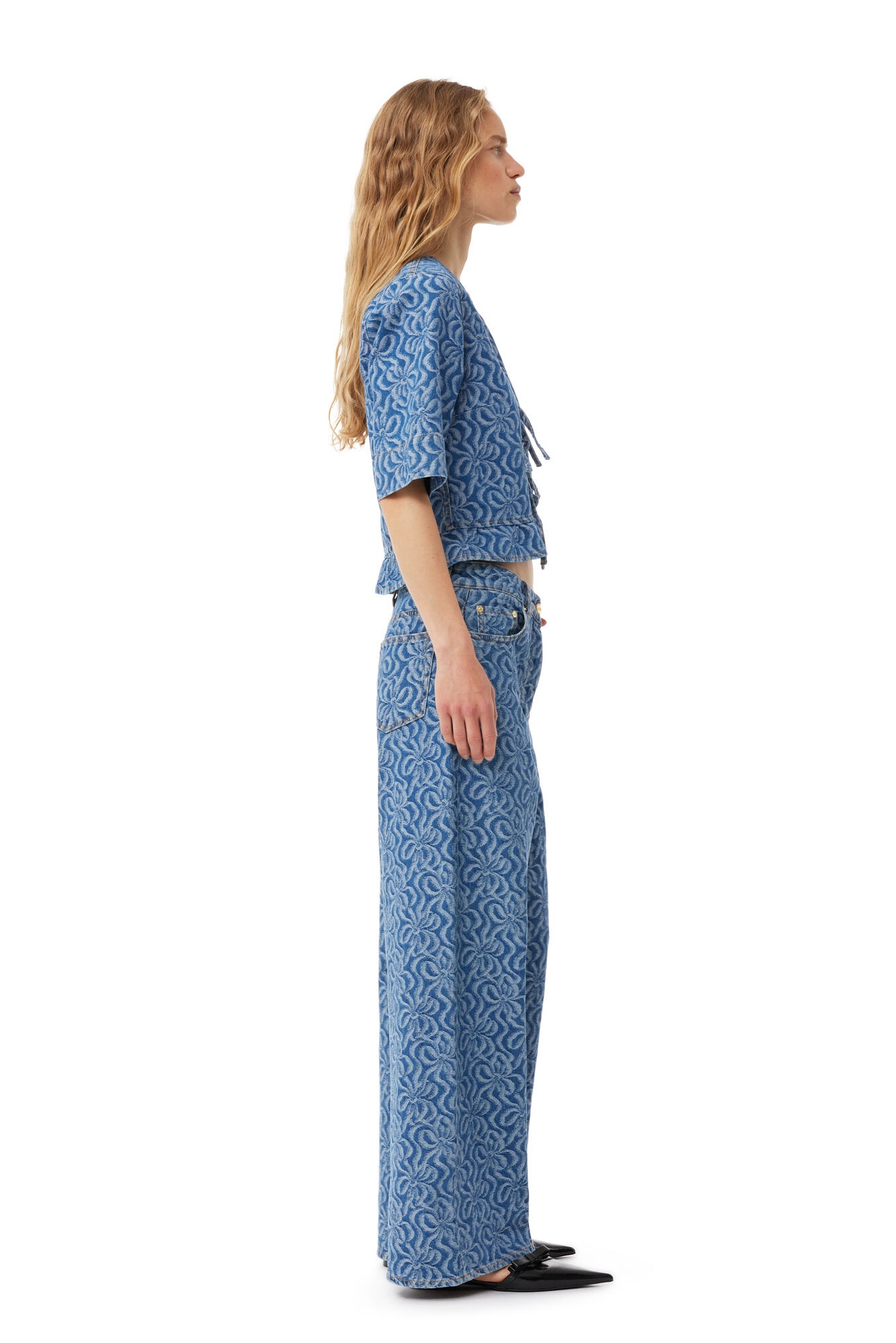 BLUE JACQUARD DENIM FLOUNCE TIE BLOUSE - 6