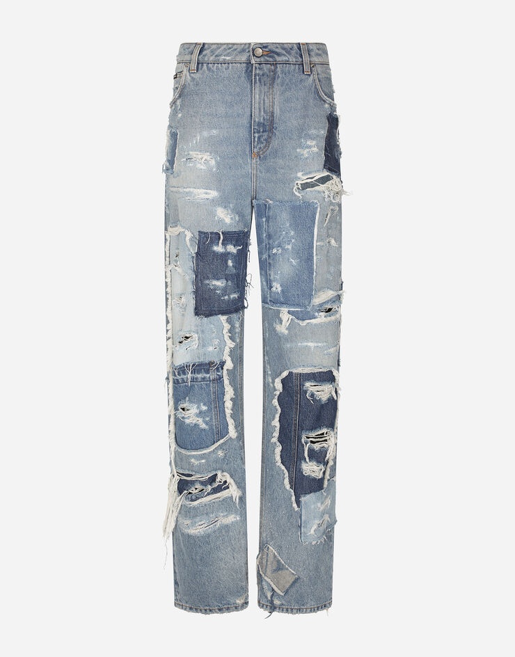 Patchwork denim jeans with ripped details - 1