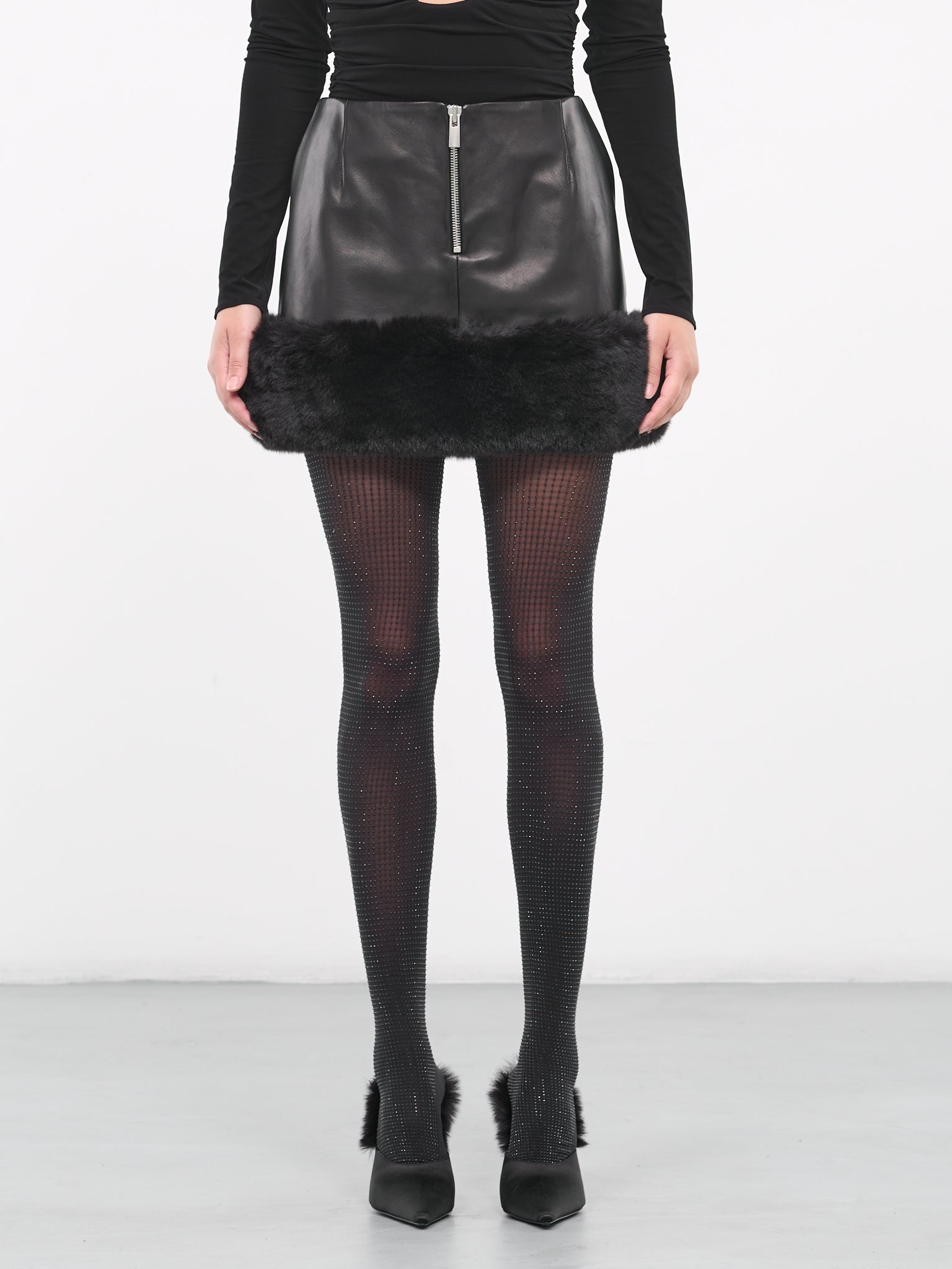 Faux Fur Trim Leather Mini Skirt - 1