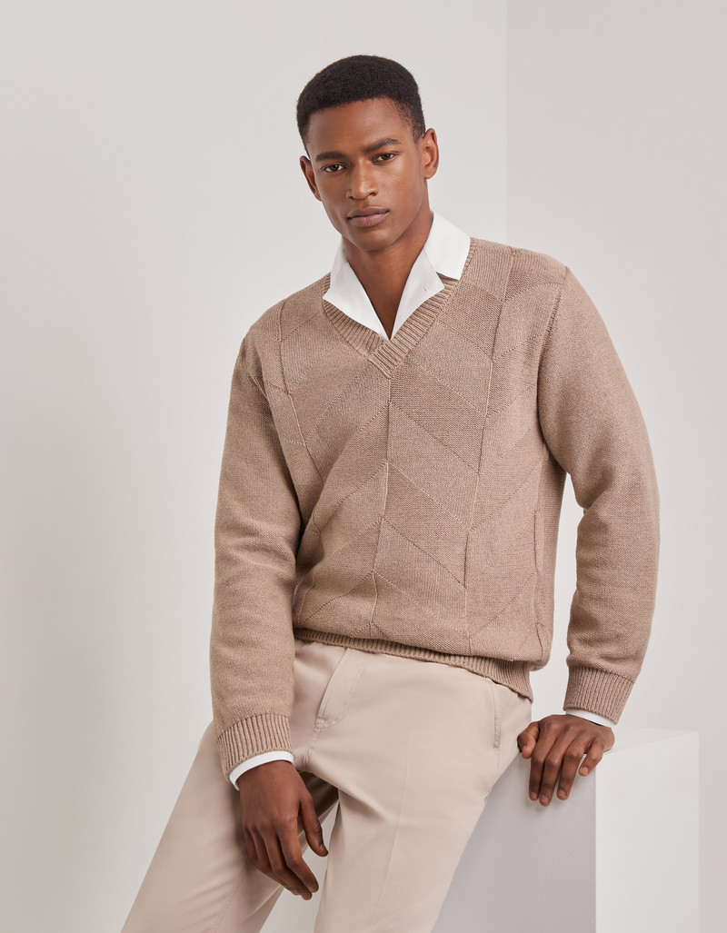 TAUPE COTTON AND SILK V-NECK SWEATER WITH STRUCTURED PATTERN 3