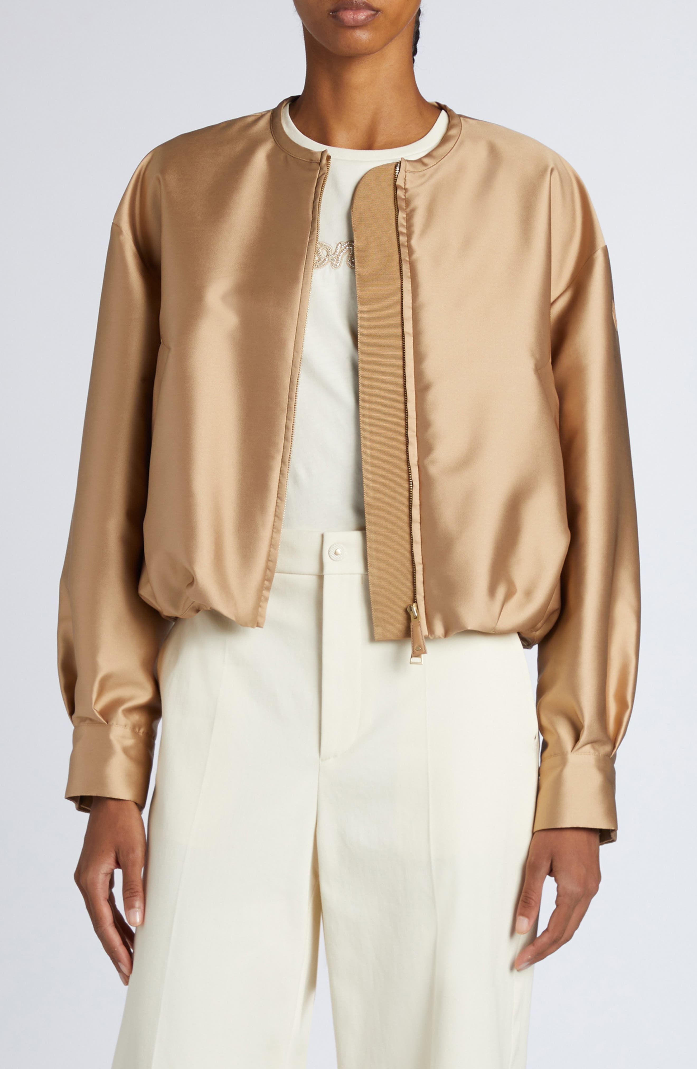 Moncler Maupa Satin Bomber Jacket in Pastel Beige at Nordstrom - 1