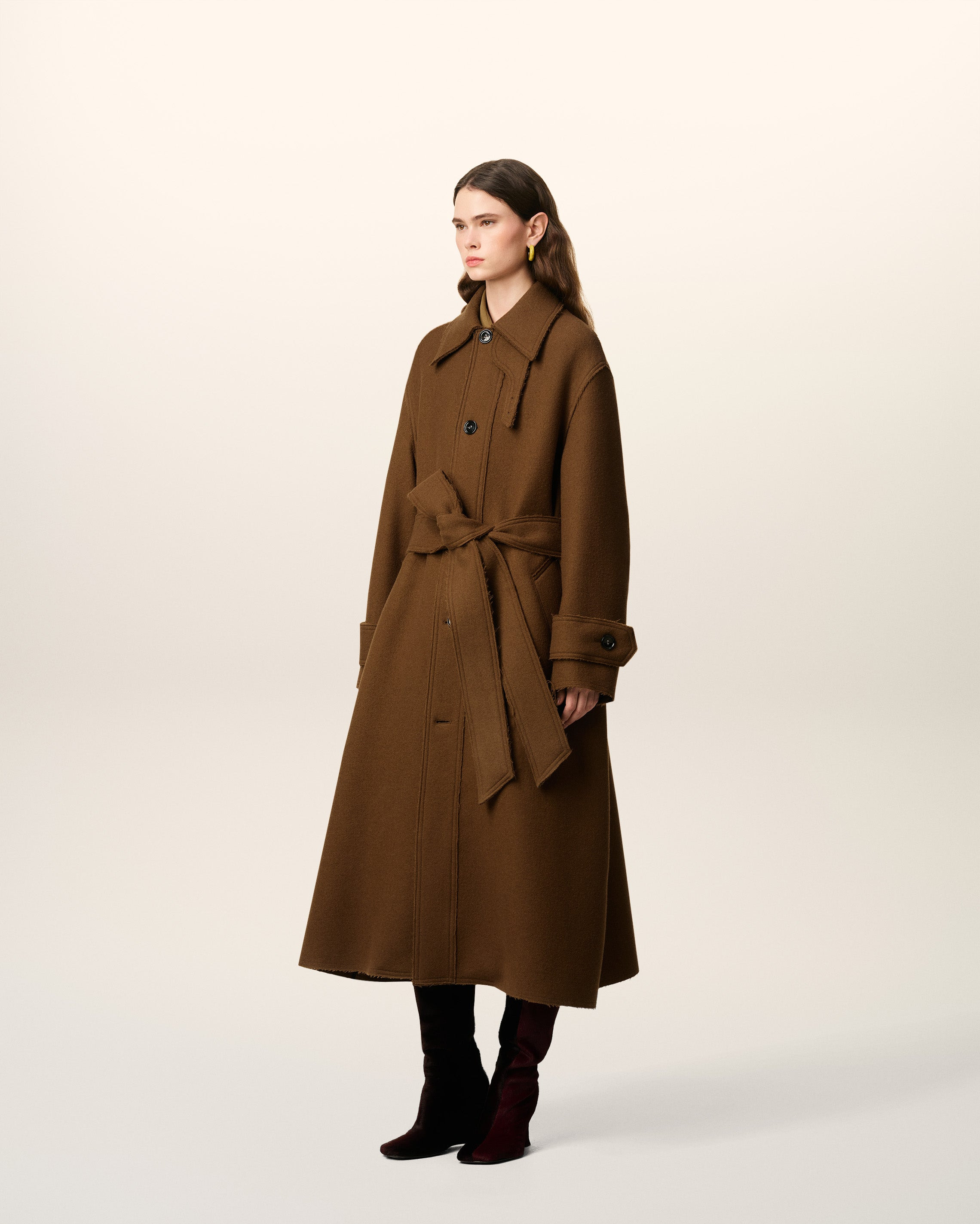 BROWN WOOL BELTED MAC - 6