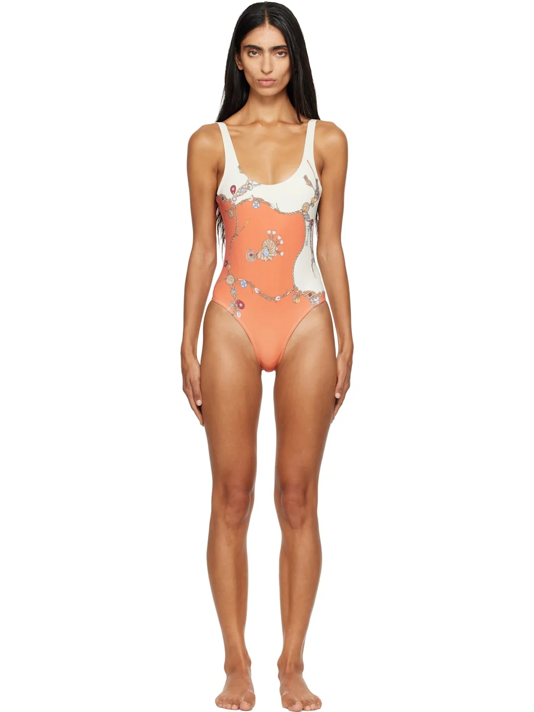 Orange & White Printed One-Piece Swimsuit - 1