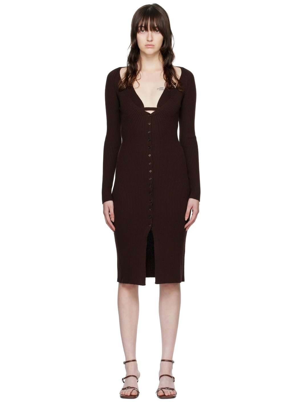 Brown Ribbed Midi Dress - 1