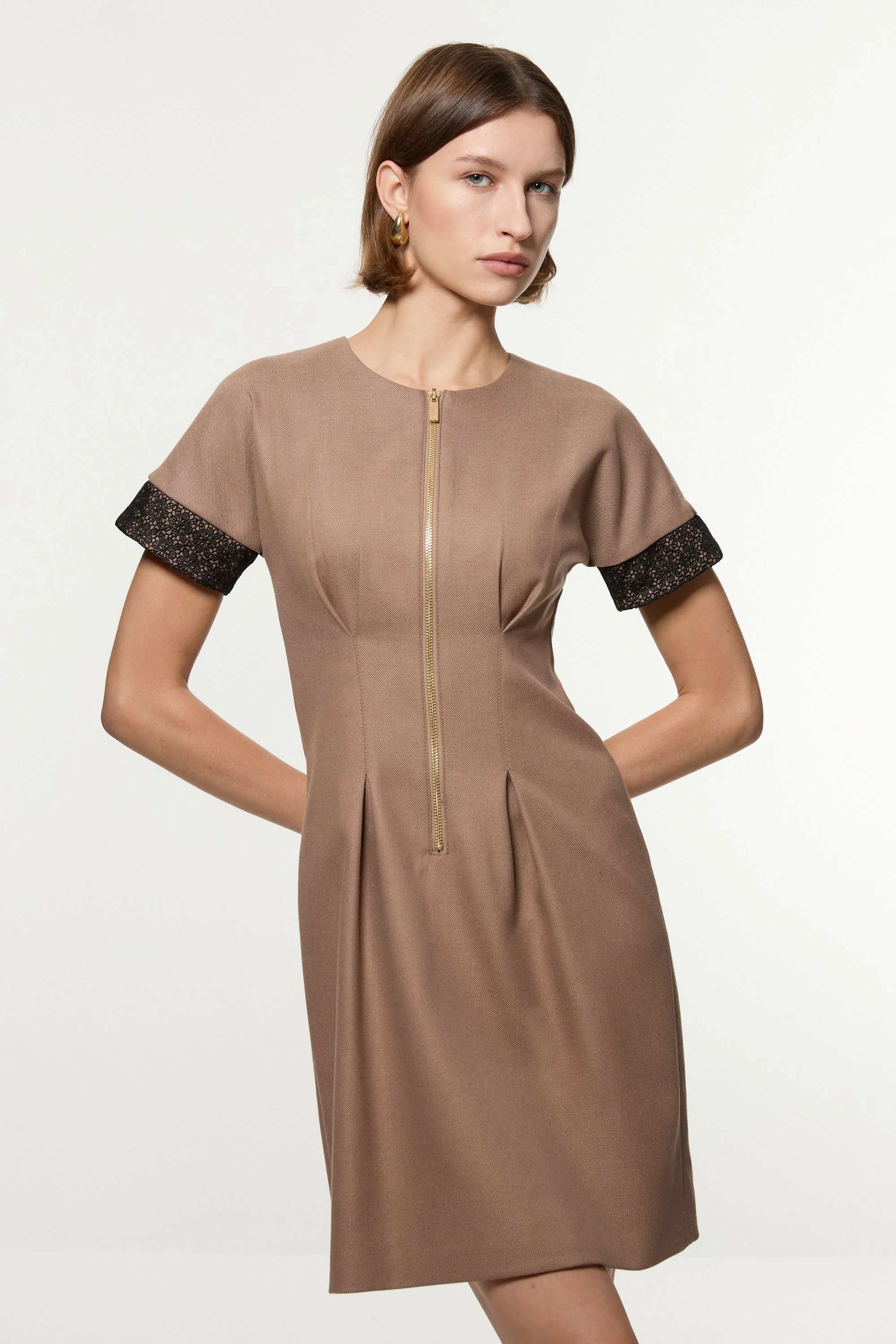 Petite Tailored Twill Lace Mix Zip Front Mini Dress - 1