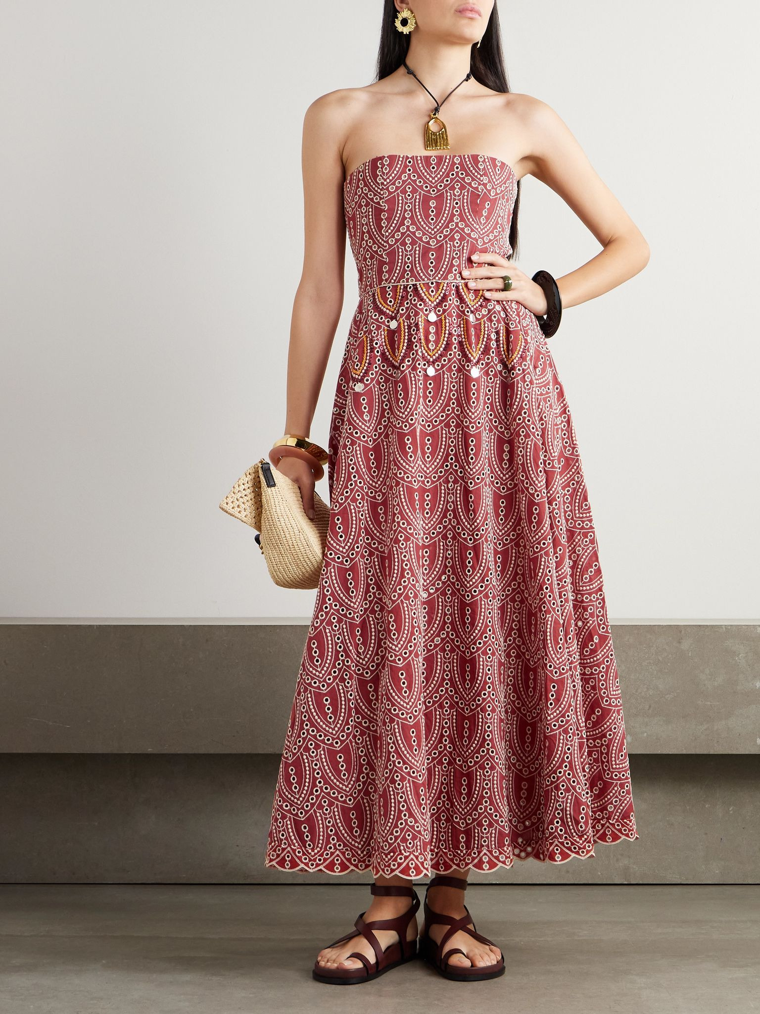 Bengala strapless embellished broderie anglaise maxi dress Red - 2