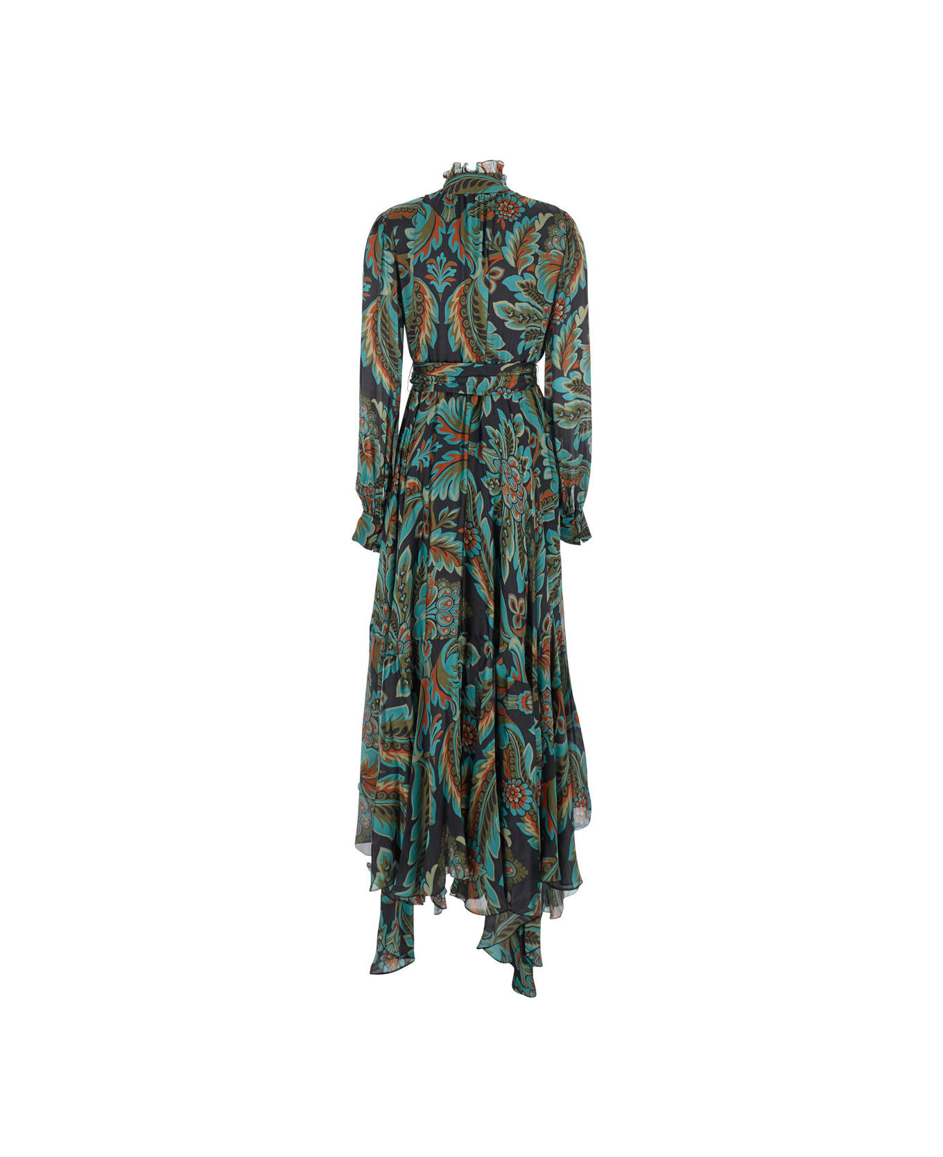 Multicolor Long Dress With Self-tie Belt And All-over Floral Print In Silk Woman - 2