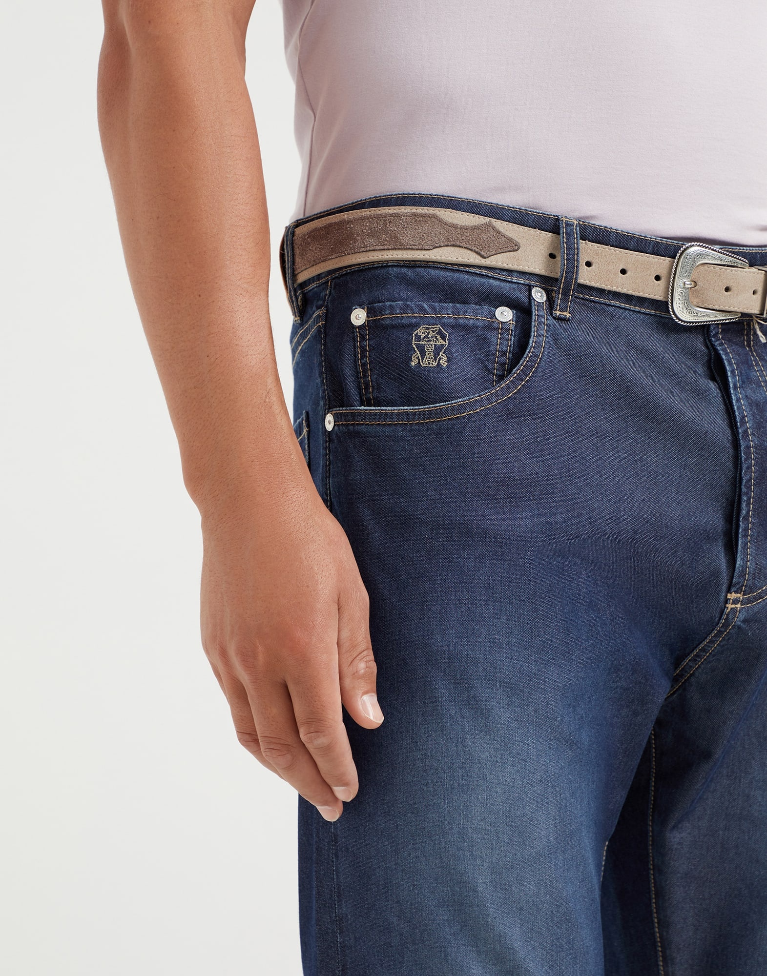 Comfort cotton and silk denim leisure fit five-pocket trousers - 3
