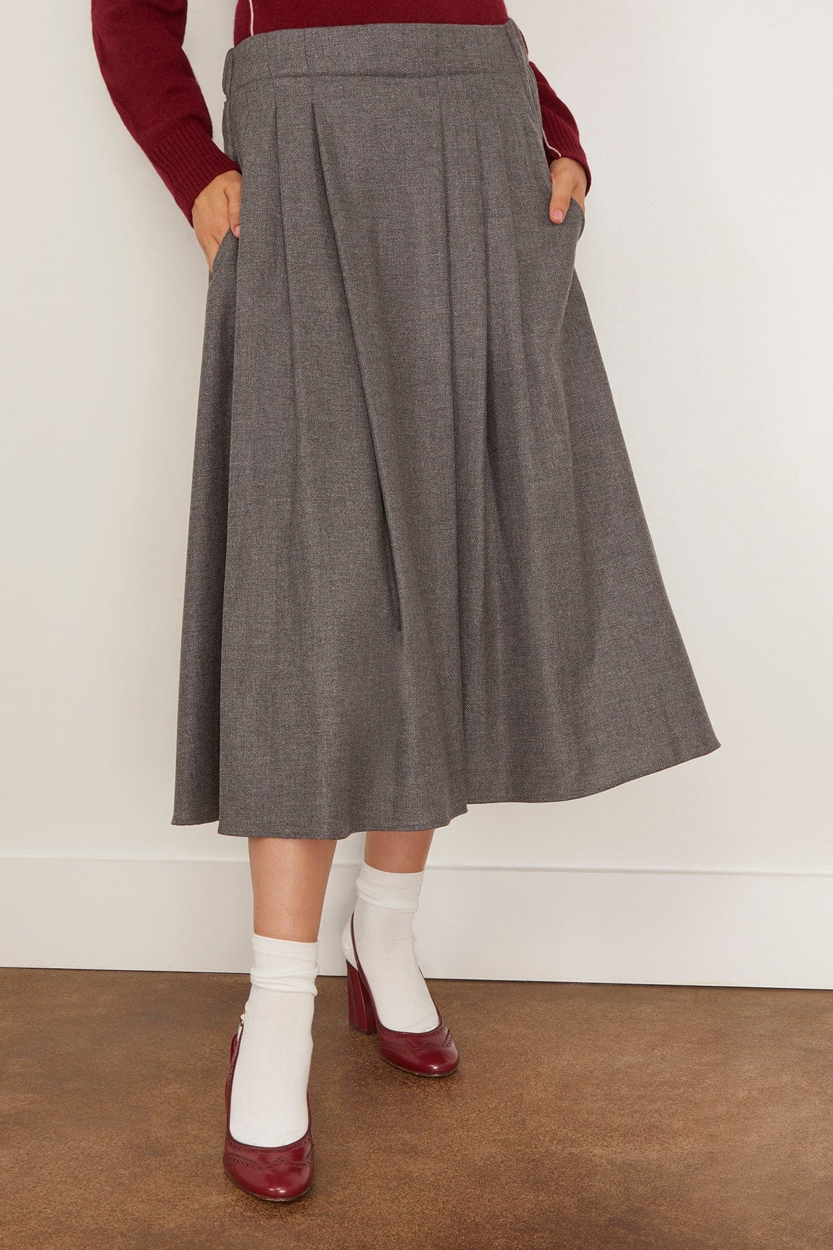 Pleat Front Full Skirt in Charcoal Tweed - 3
