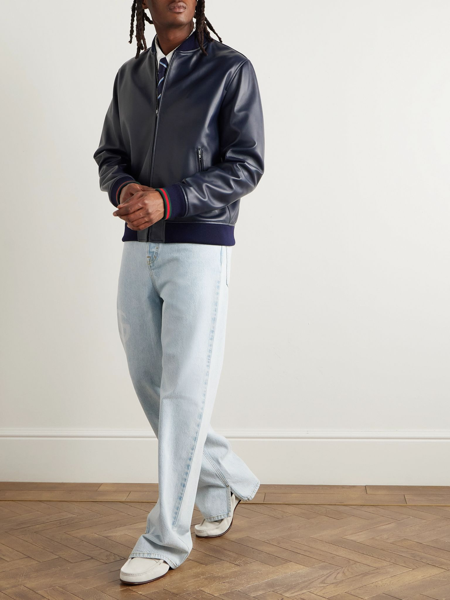 Leather Bomber Jacket Blue - 2