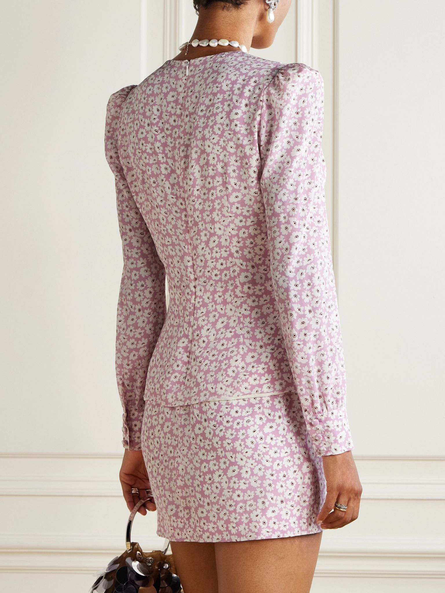 Wrap-effect embellished pleated floral-print silk crepe de chine mini dress Pink - 3