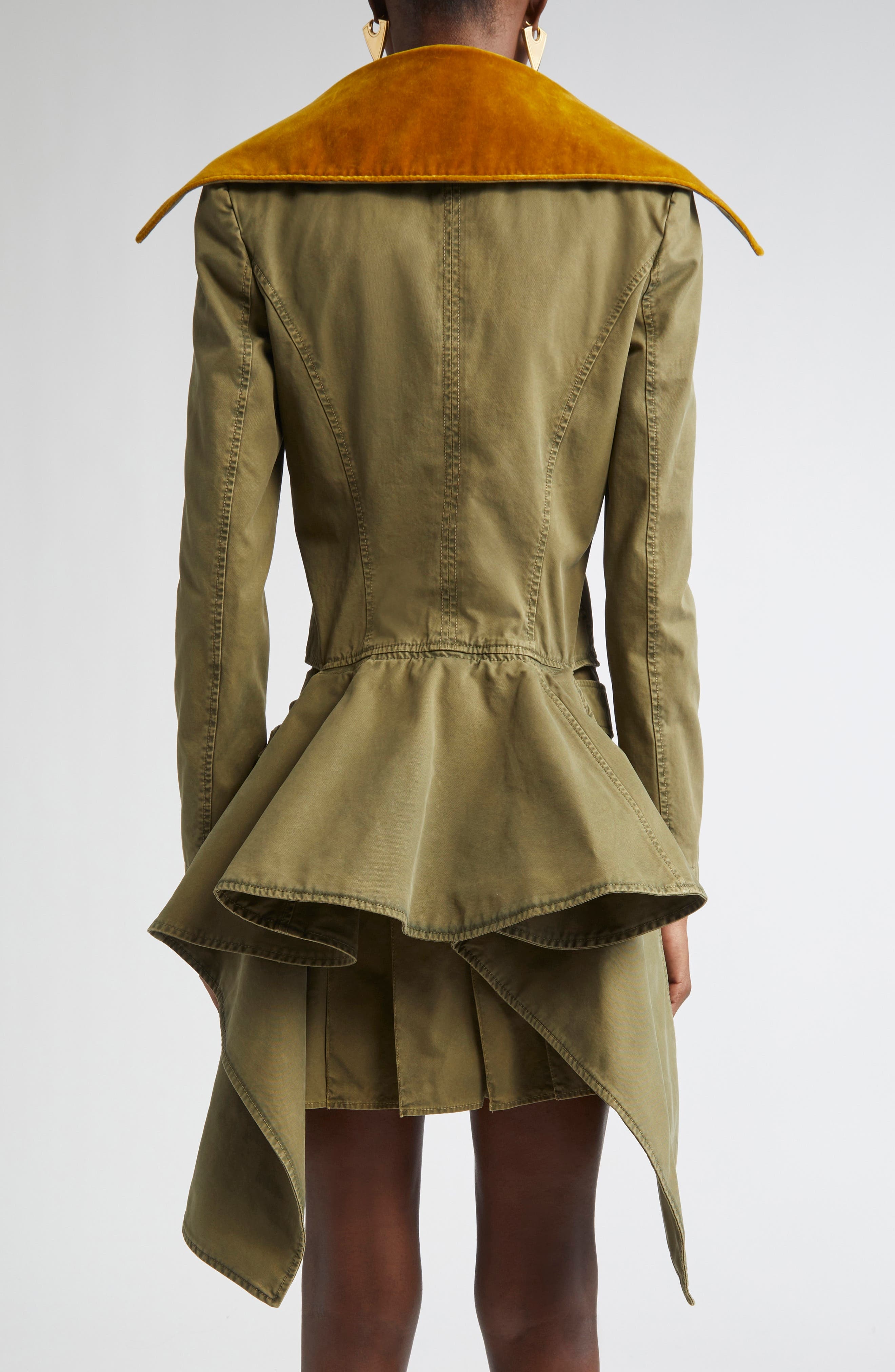 McQueen Velvet Collar Double Breasted Twill Peplum Jacket in Khaki at Nordstrom - 3