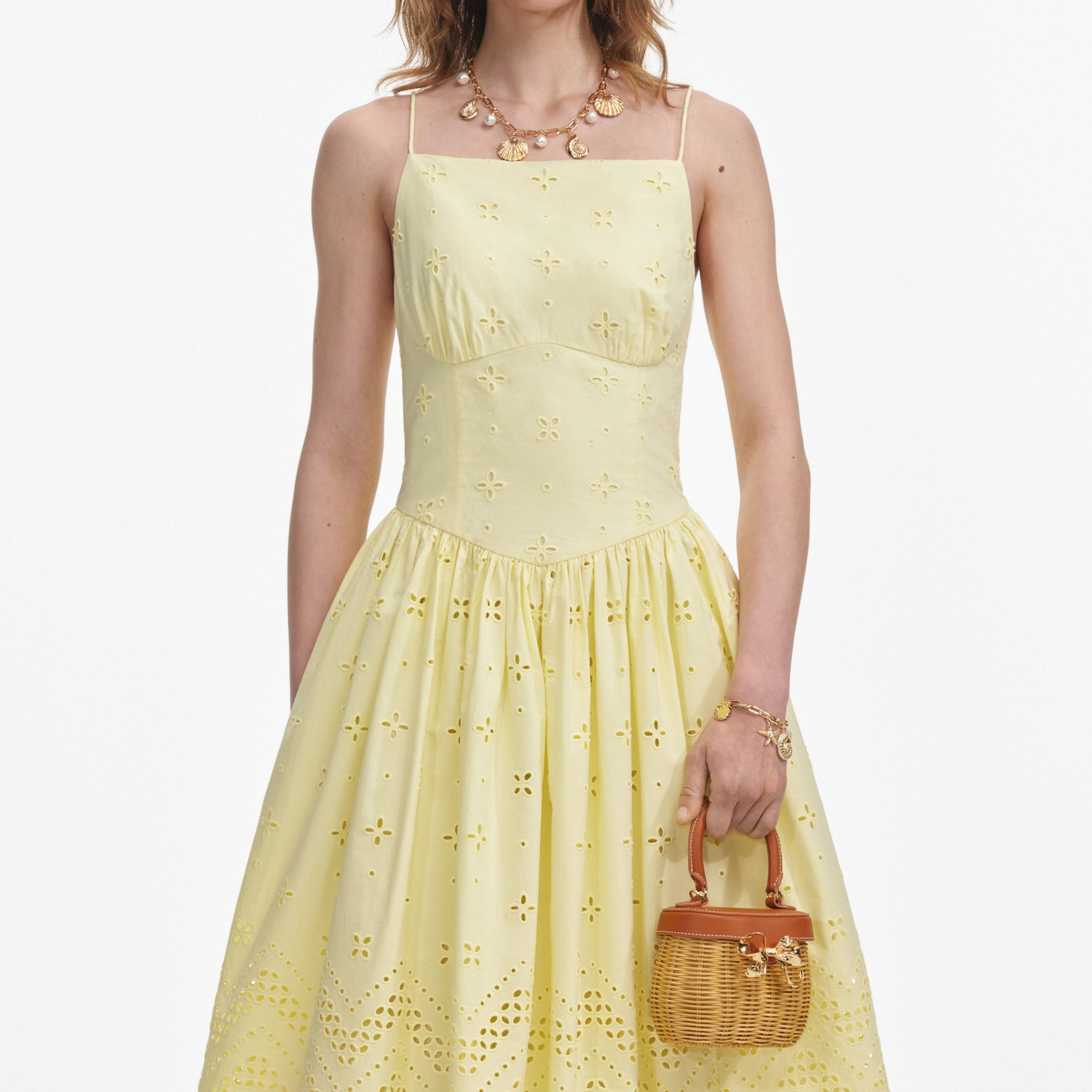 Yellow Cotton Broderie Midi Dress - 4