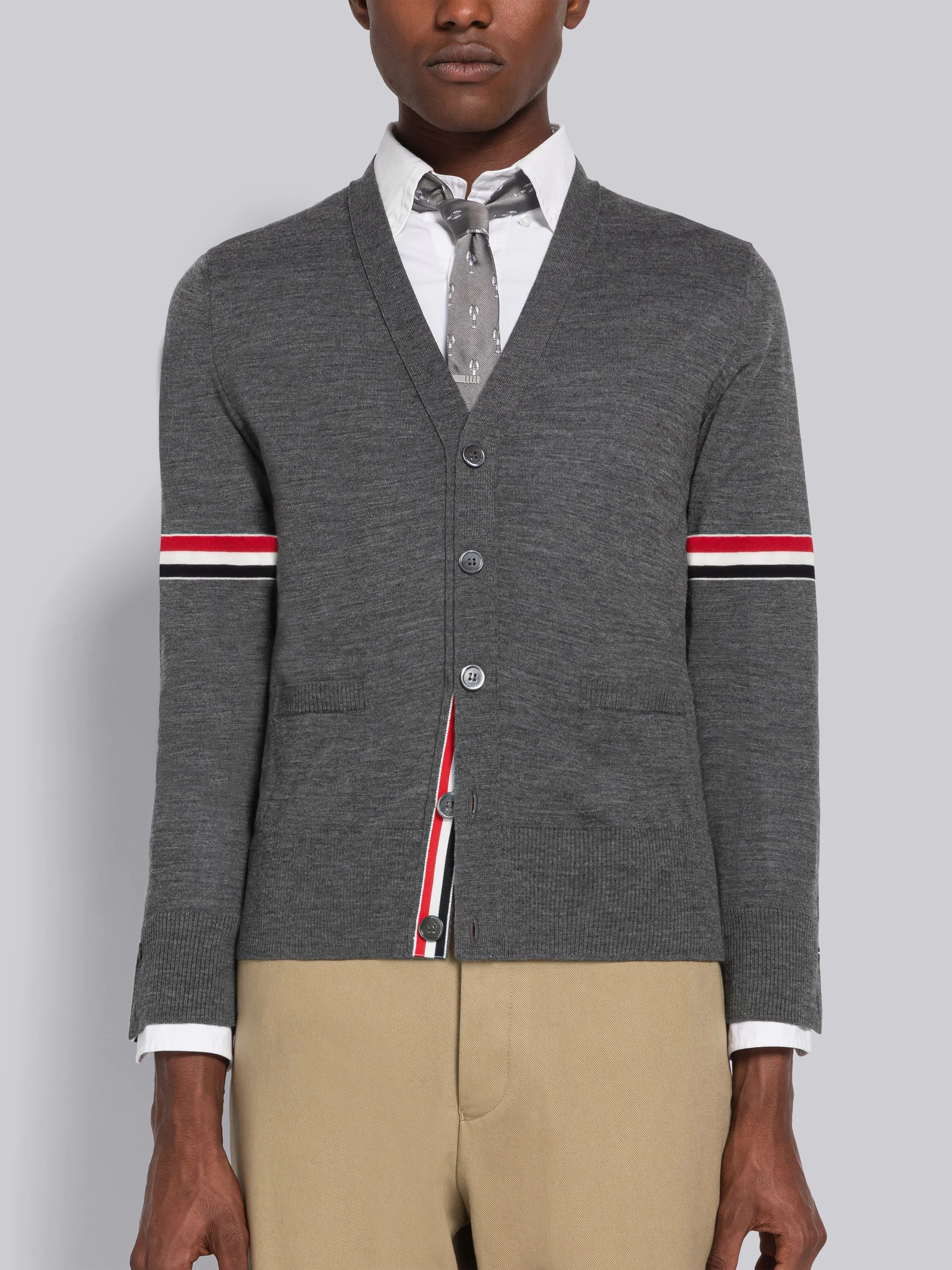 Thom Browne Fine Merino Stripe Relaxed V-Neck Cardigan | REVERSIBLE