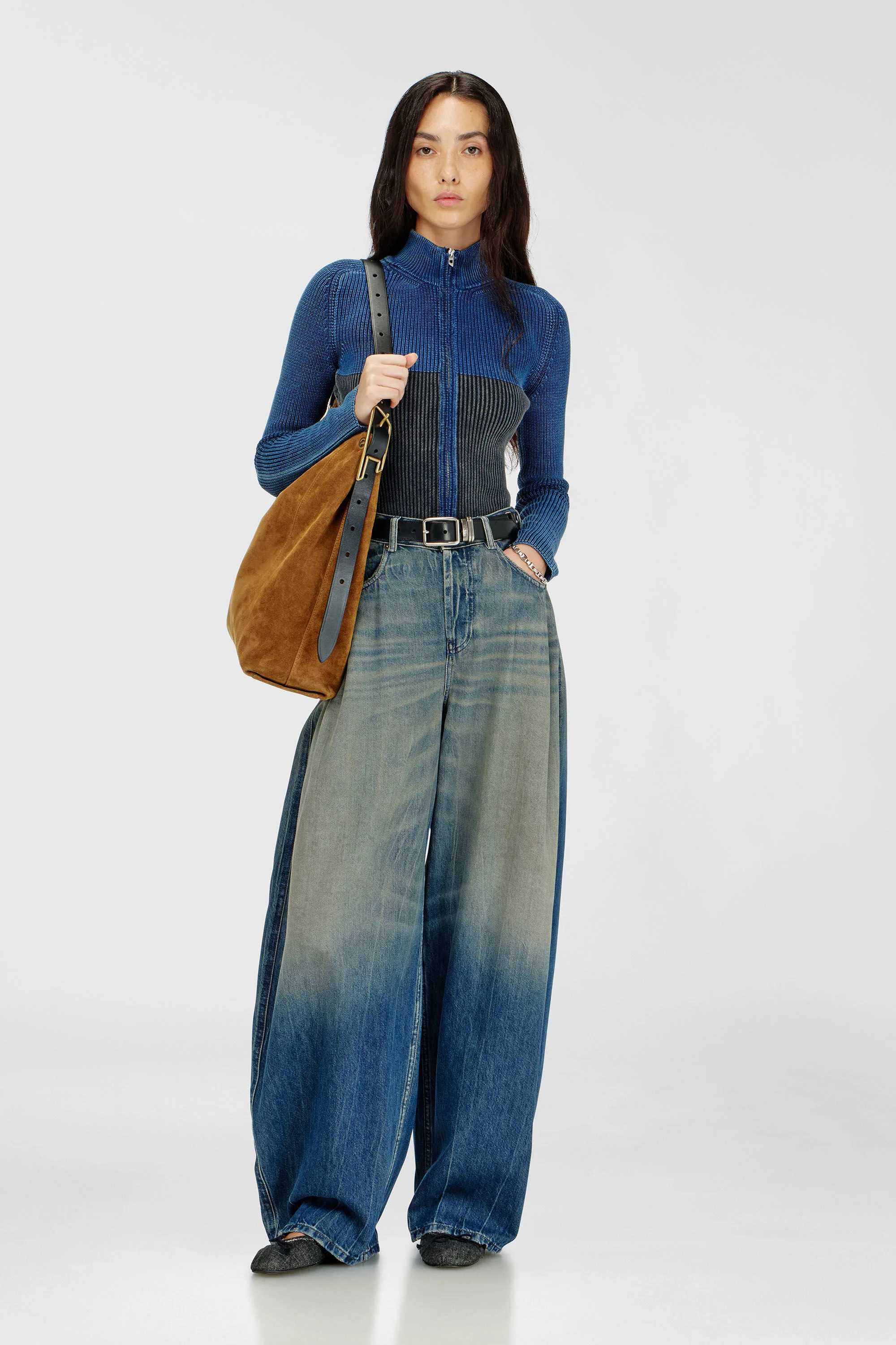 ZIP-UP CARDIGAN WITH TWO-TONE DENIM EFFECT - 1