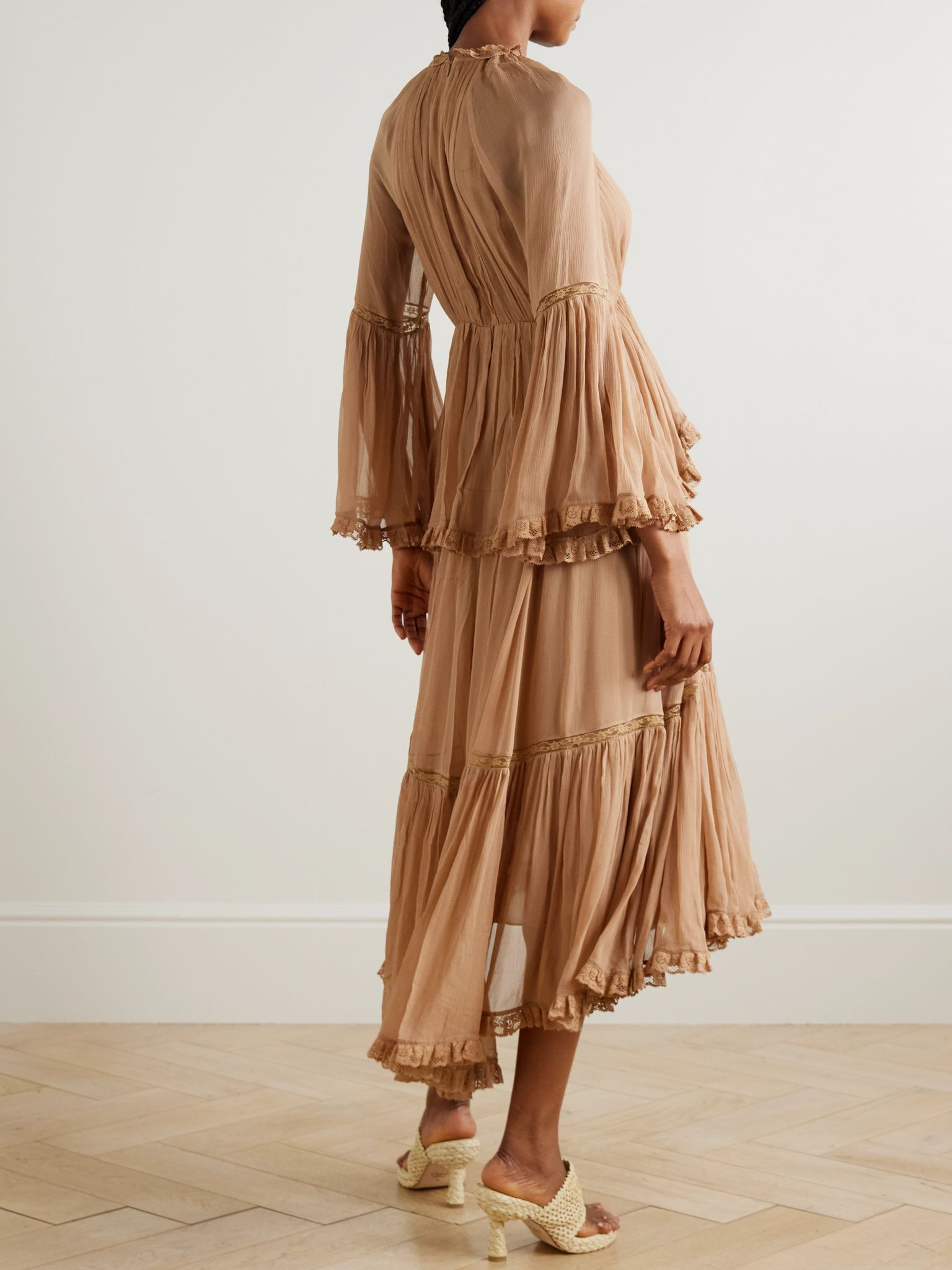 Hypnotic lace-trimmed tiered crepe de chine midi dress Beige - 3