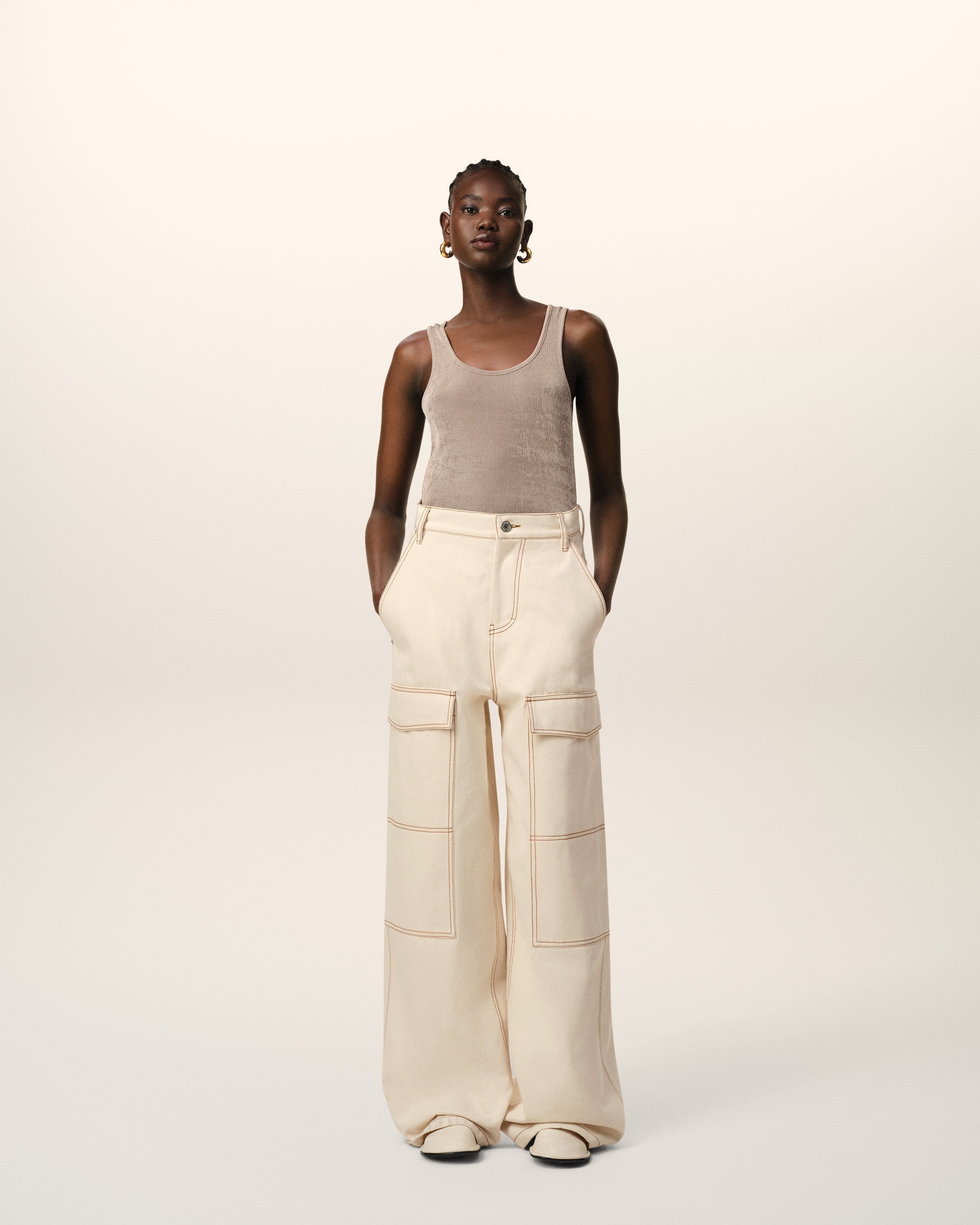 BEIGE COTTON CARGO WIDE FIT JEANS - 2
