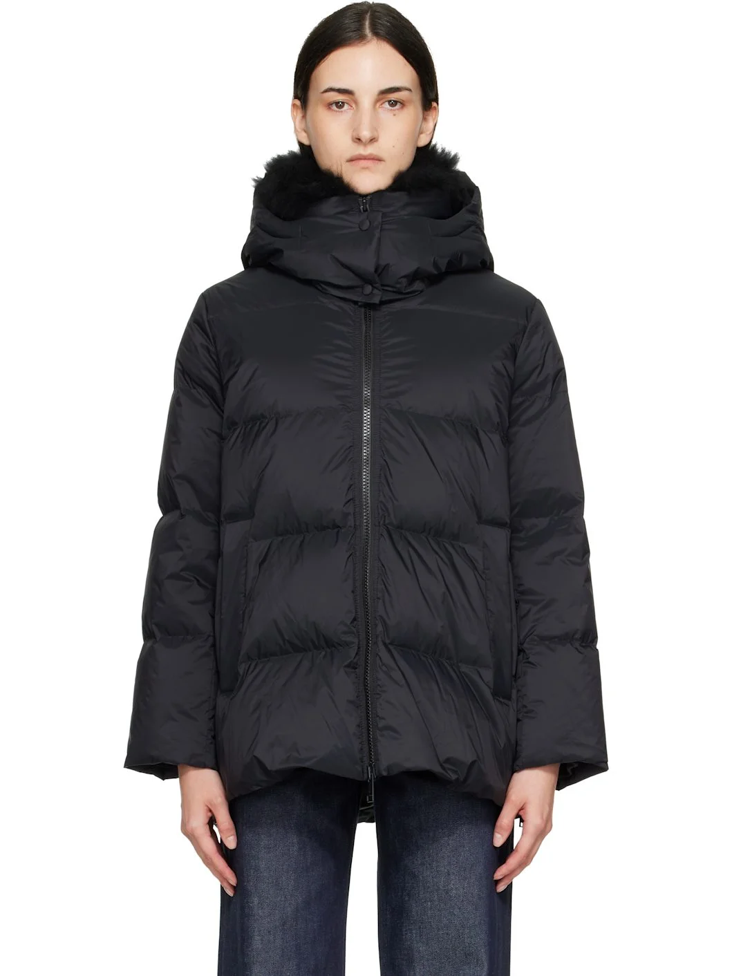 Black Waterproof Technical Lambswool Trim A-Line Down Jacket - 1