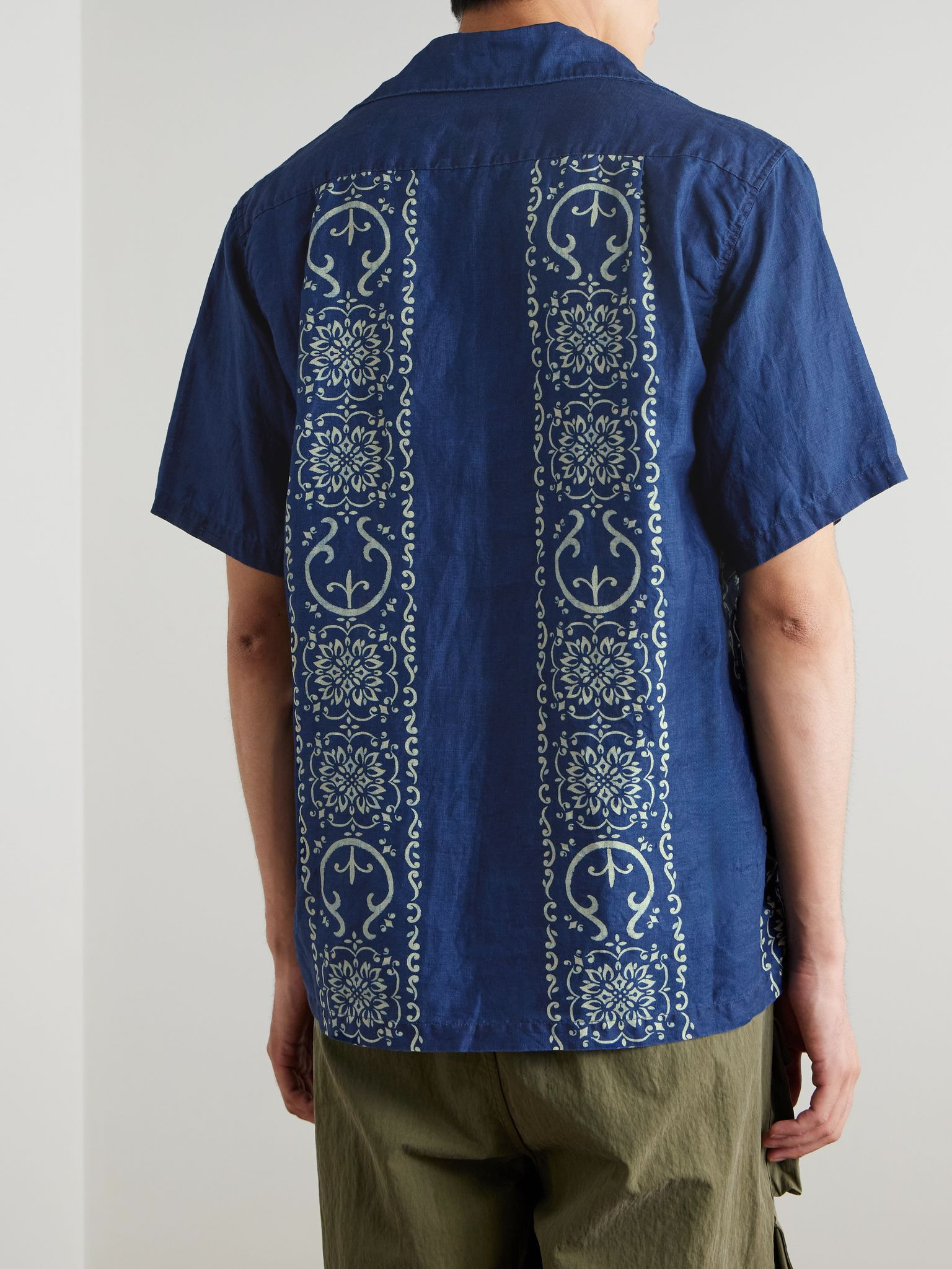 Camp-Collar Printed Linen Shirt Navy - 3
