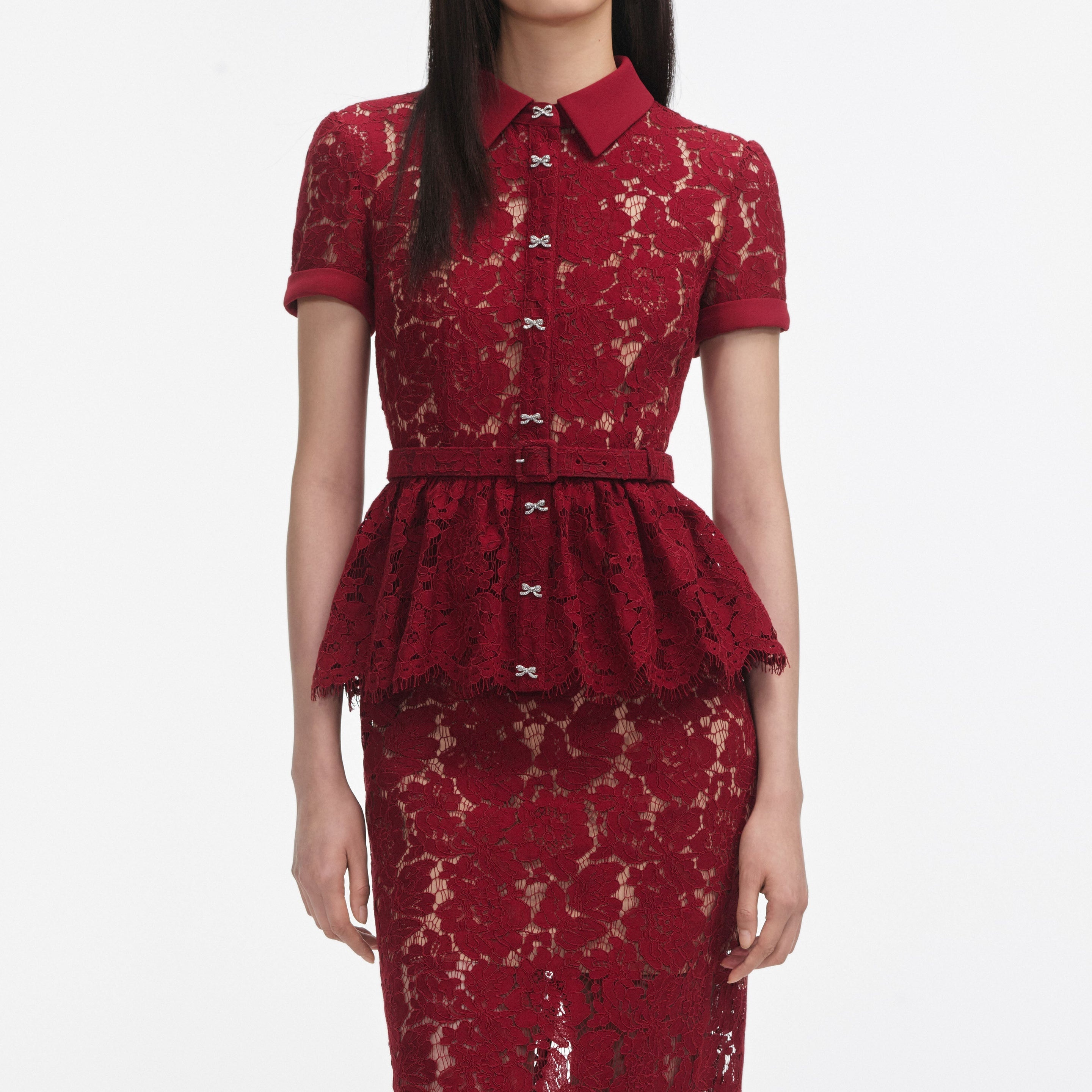 Burgundy Lace Peplum Midi Dress - 4