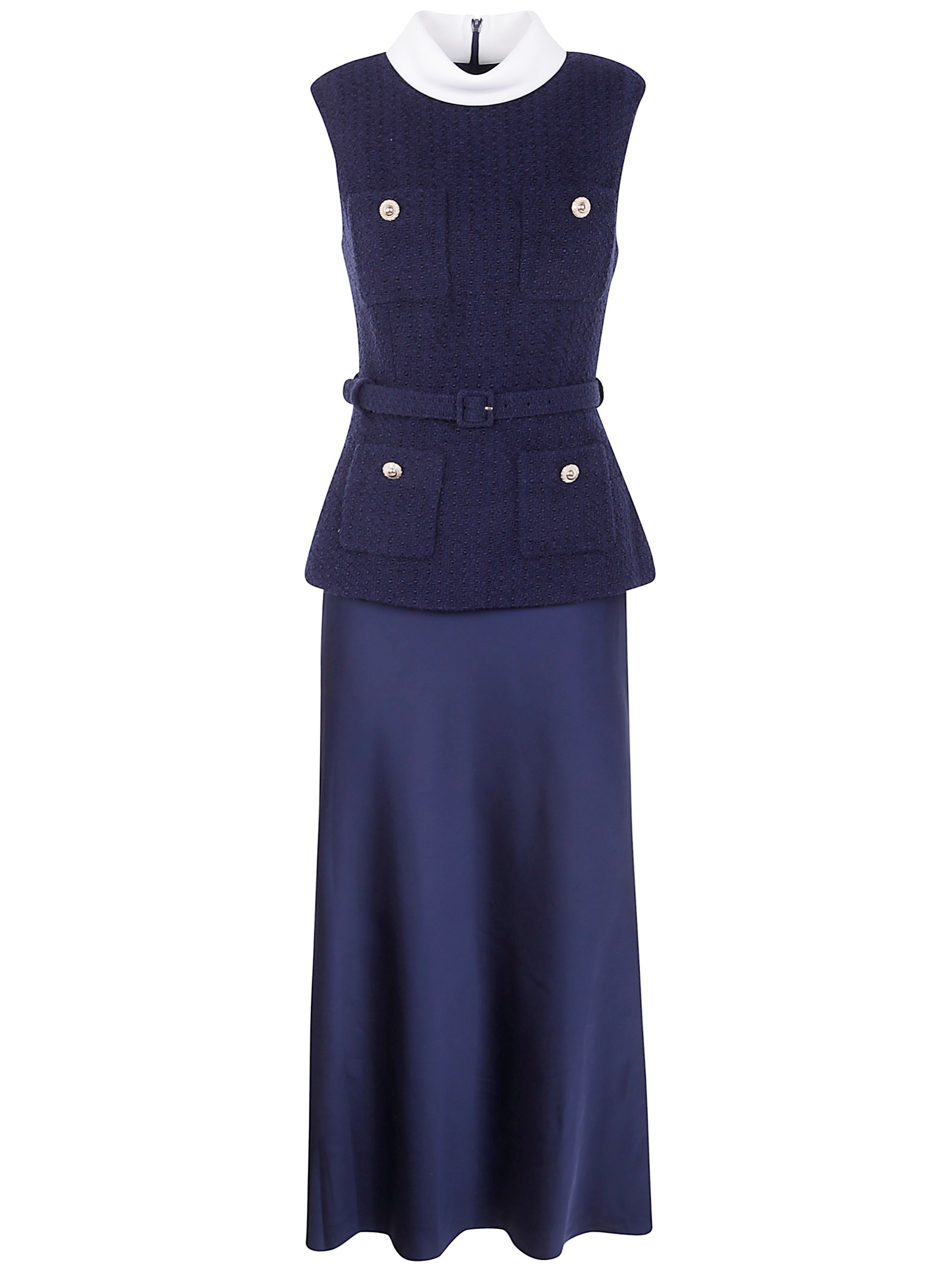 Introducing the 'NAVY BOUCLE SLEEVELESS MIDI DRESS' by SELF-PORTRAIT, a stunning addition to your wa - 1