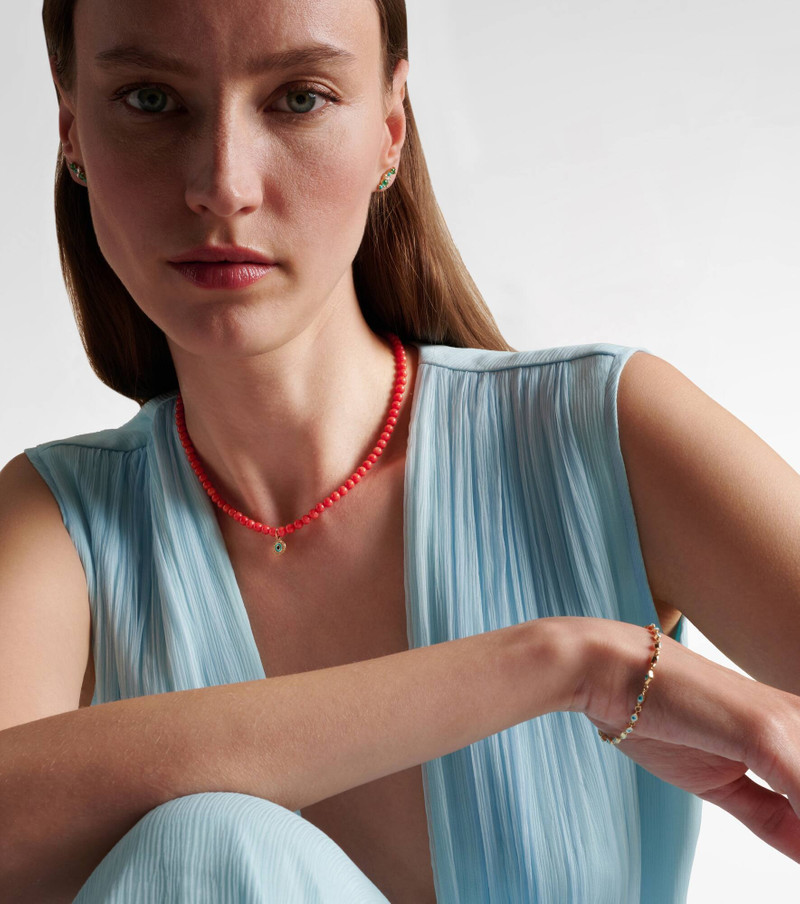 SYDNEY EVAN Evil Eye 14kt gold and coral beaded necklace with diamonds outlook