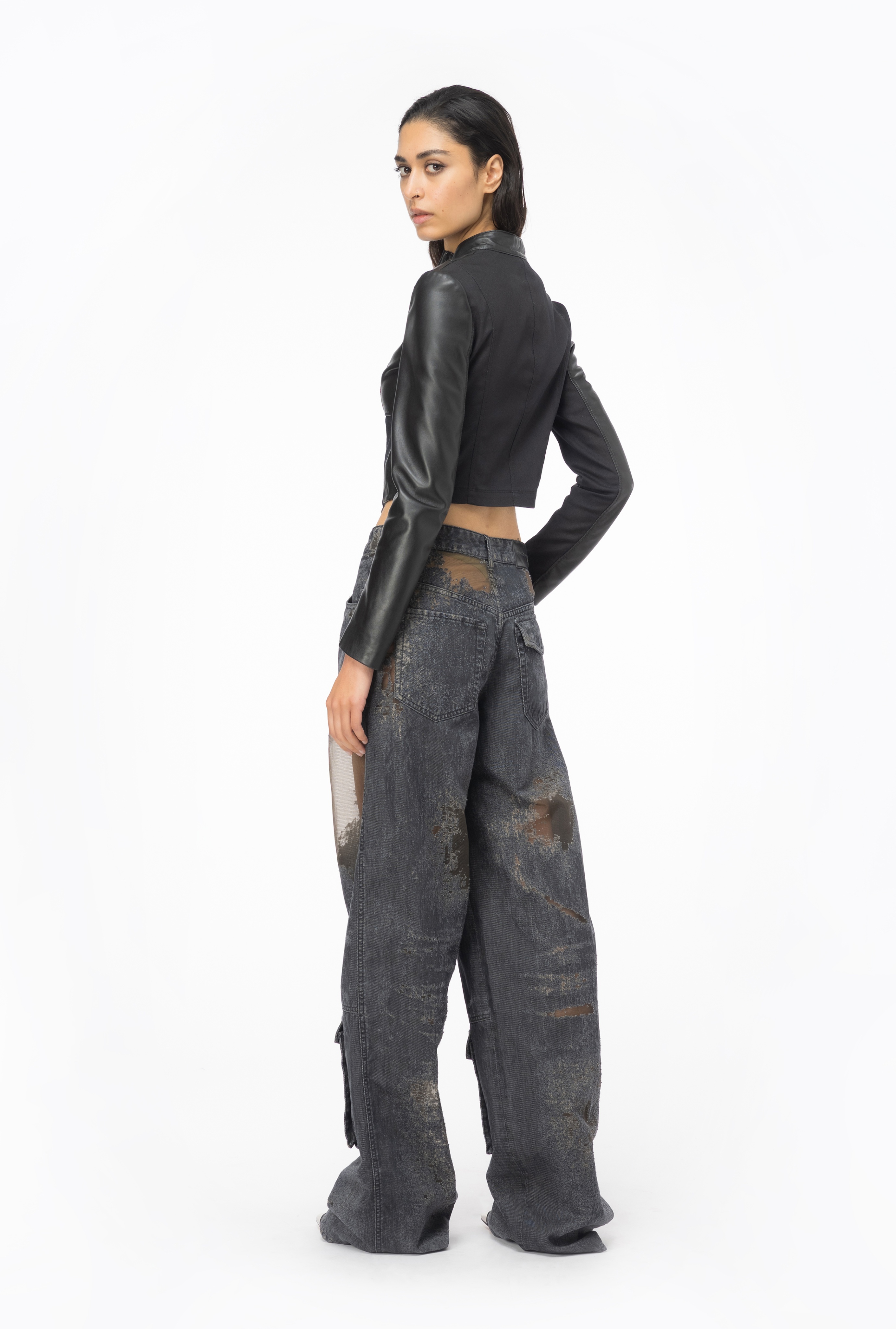 SHORT LEATHER AND FABRIC BIKER JACKET - 5