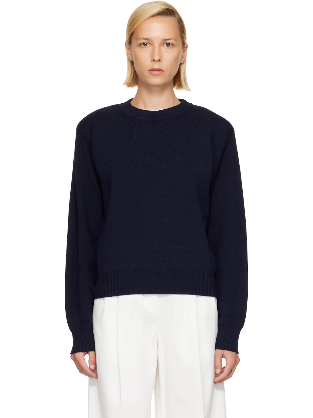 Navy Statement Shoulder Crewneck Sweater - 1