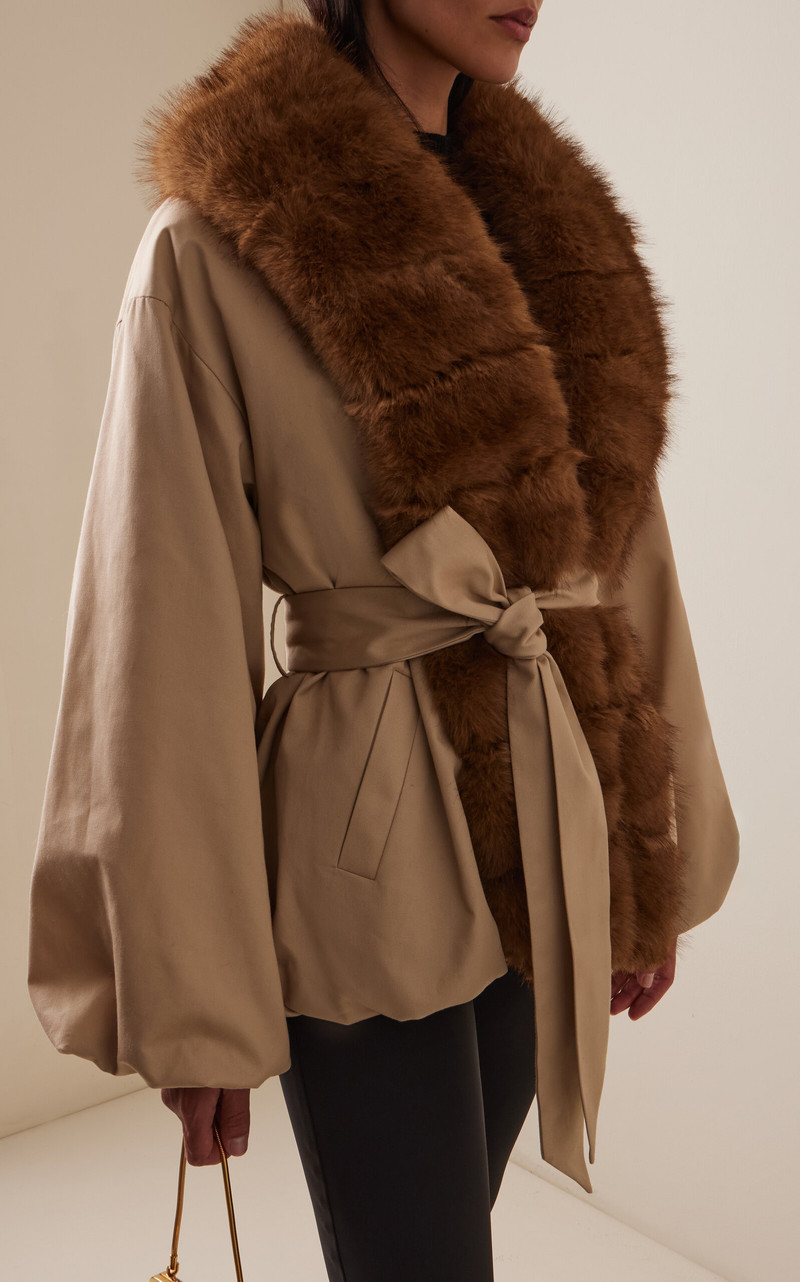 ROTATE Faux Fur-Trimmed Jacket brown outlook