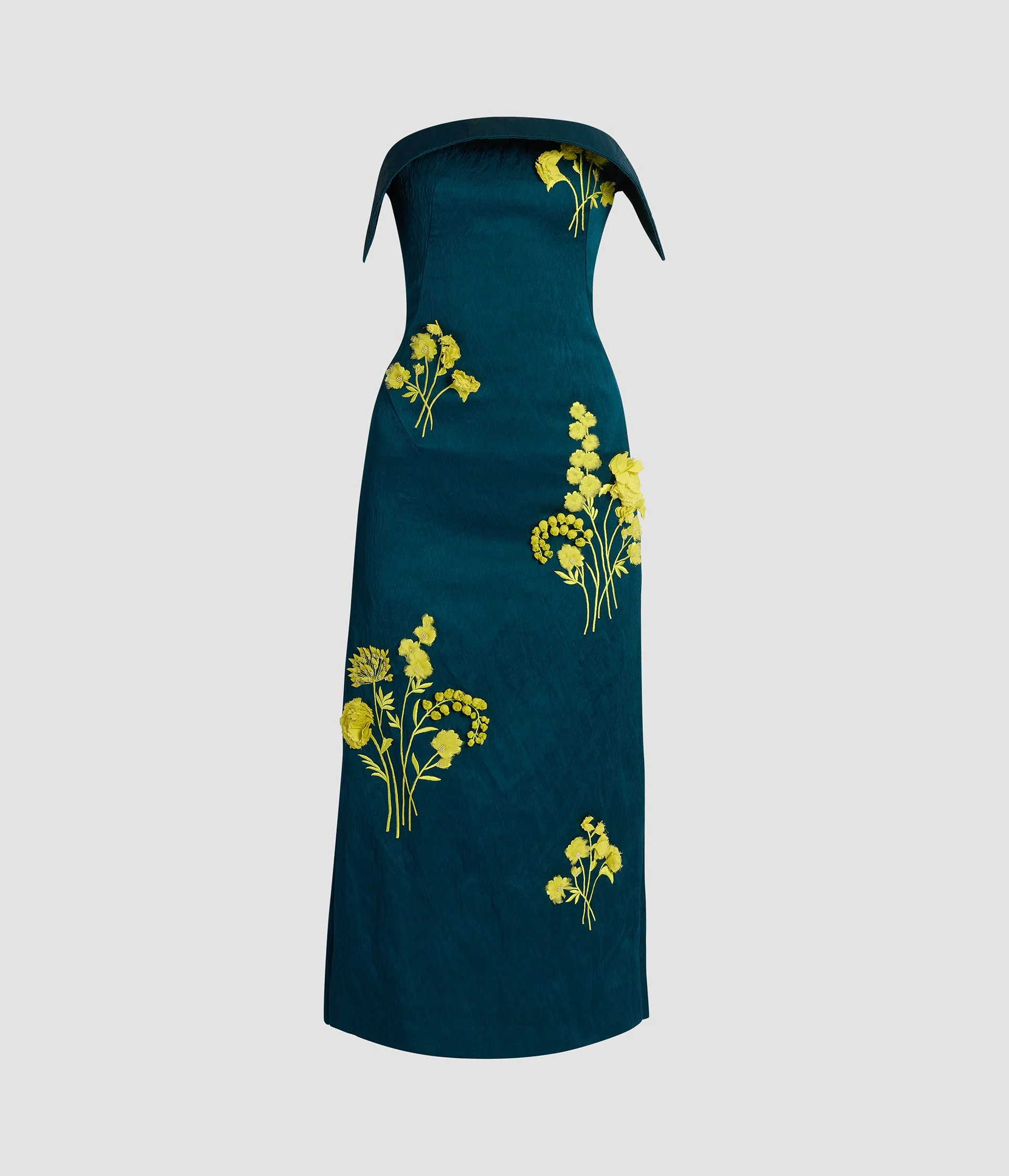 EMBROIDERED TEXTURED SATIN MIDI PENCIL DRESS - 1