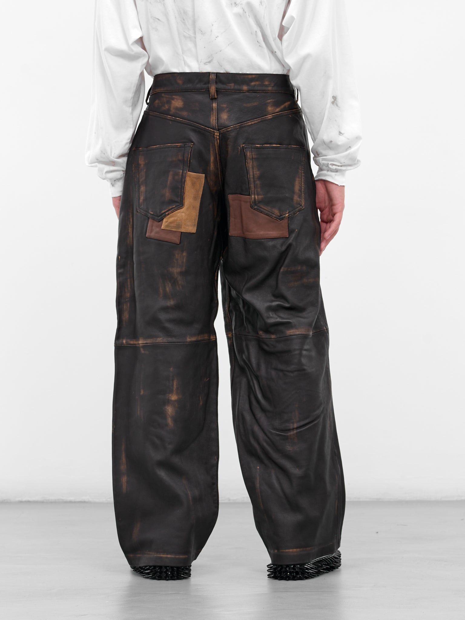 Worn Black Patchwork Leather Trousers - 2