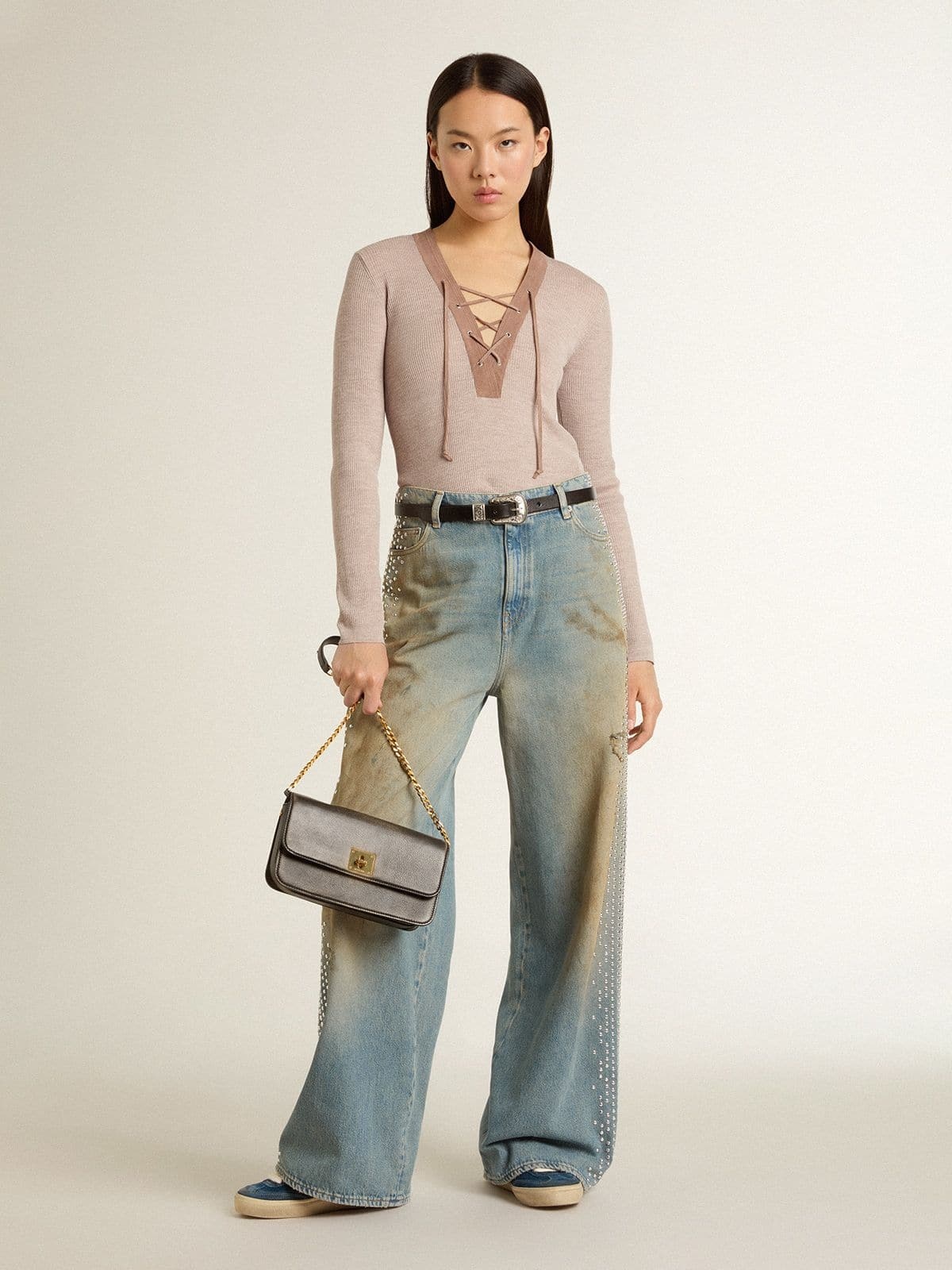 Beige wool sweater with leather details - 3