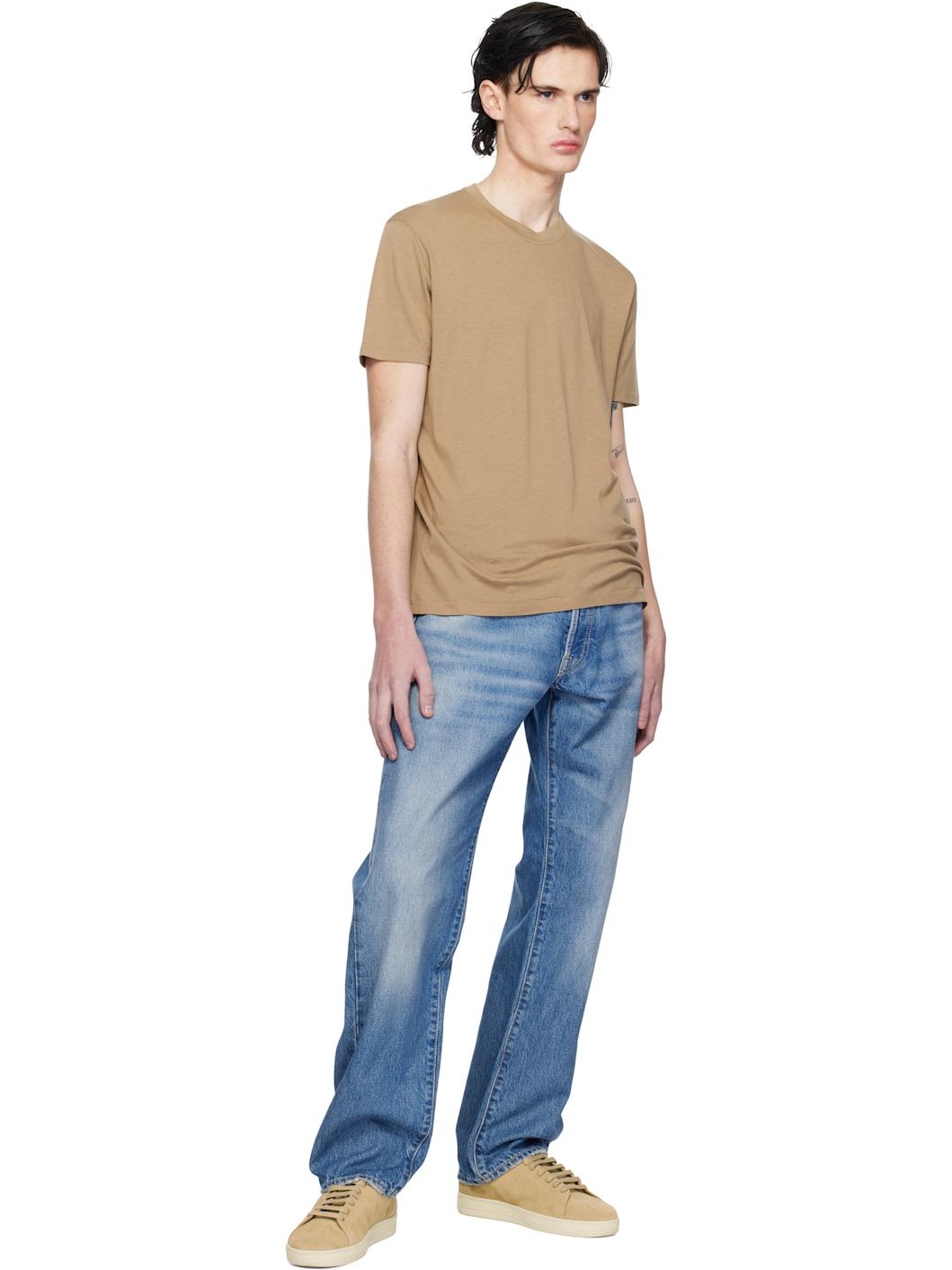 Beige Lyocell Cotton Crew T-shirt - 4