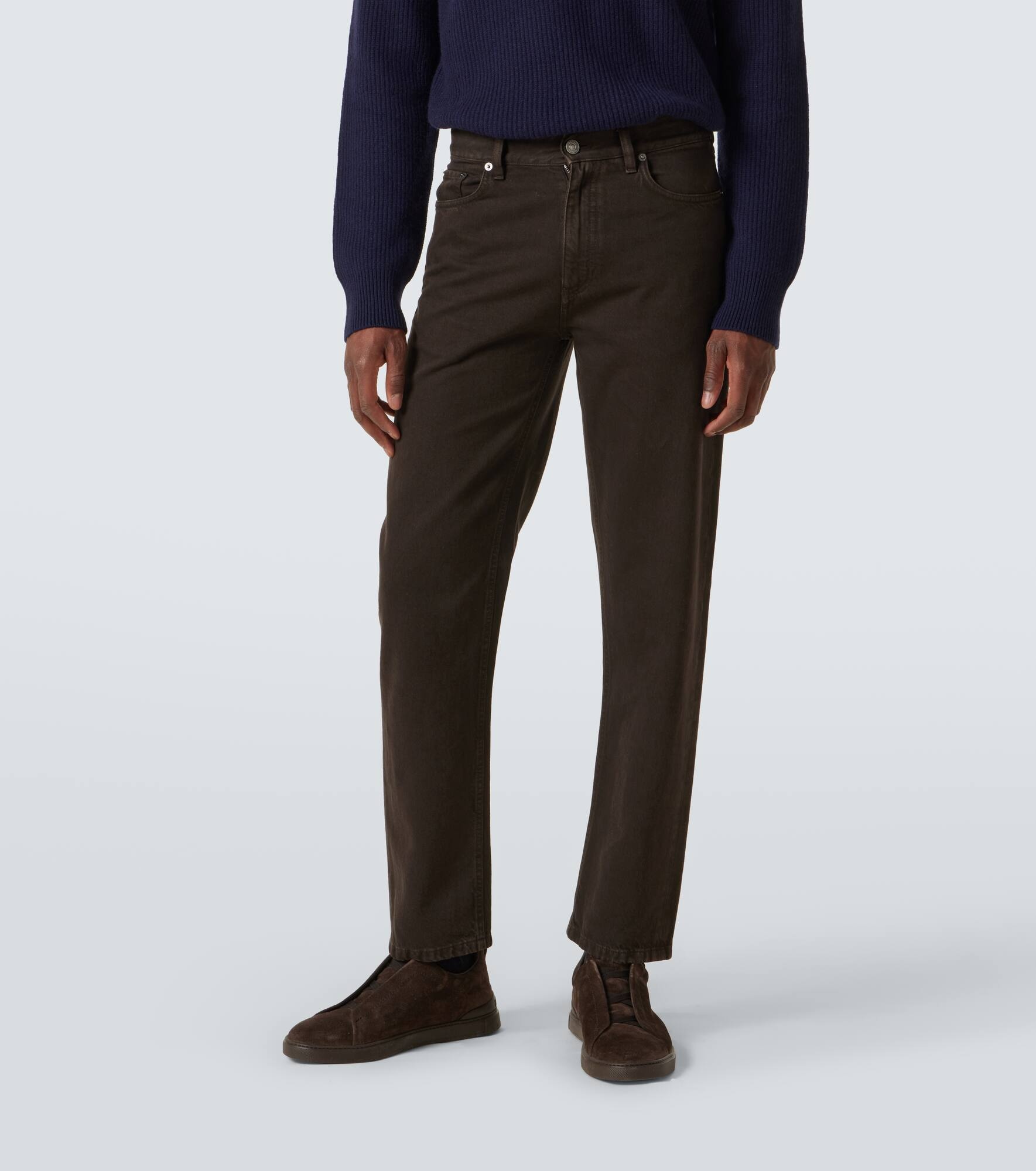 Leather-trimmed cotton straight pants - 3