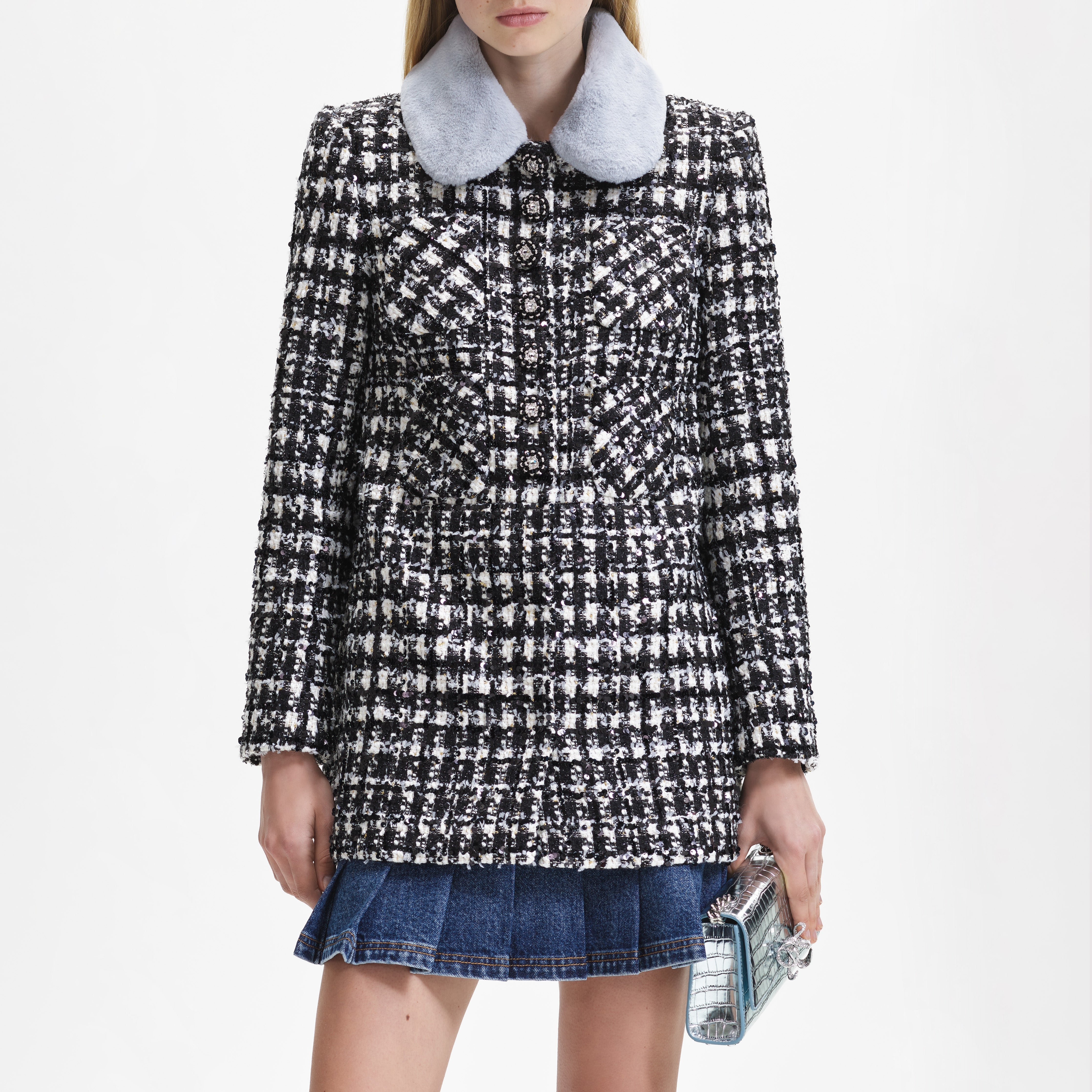 Black Check Boucle Collar Jacket - 4