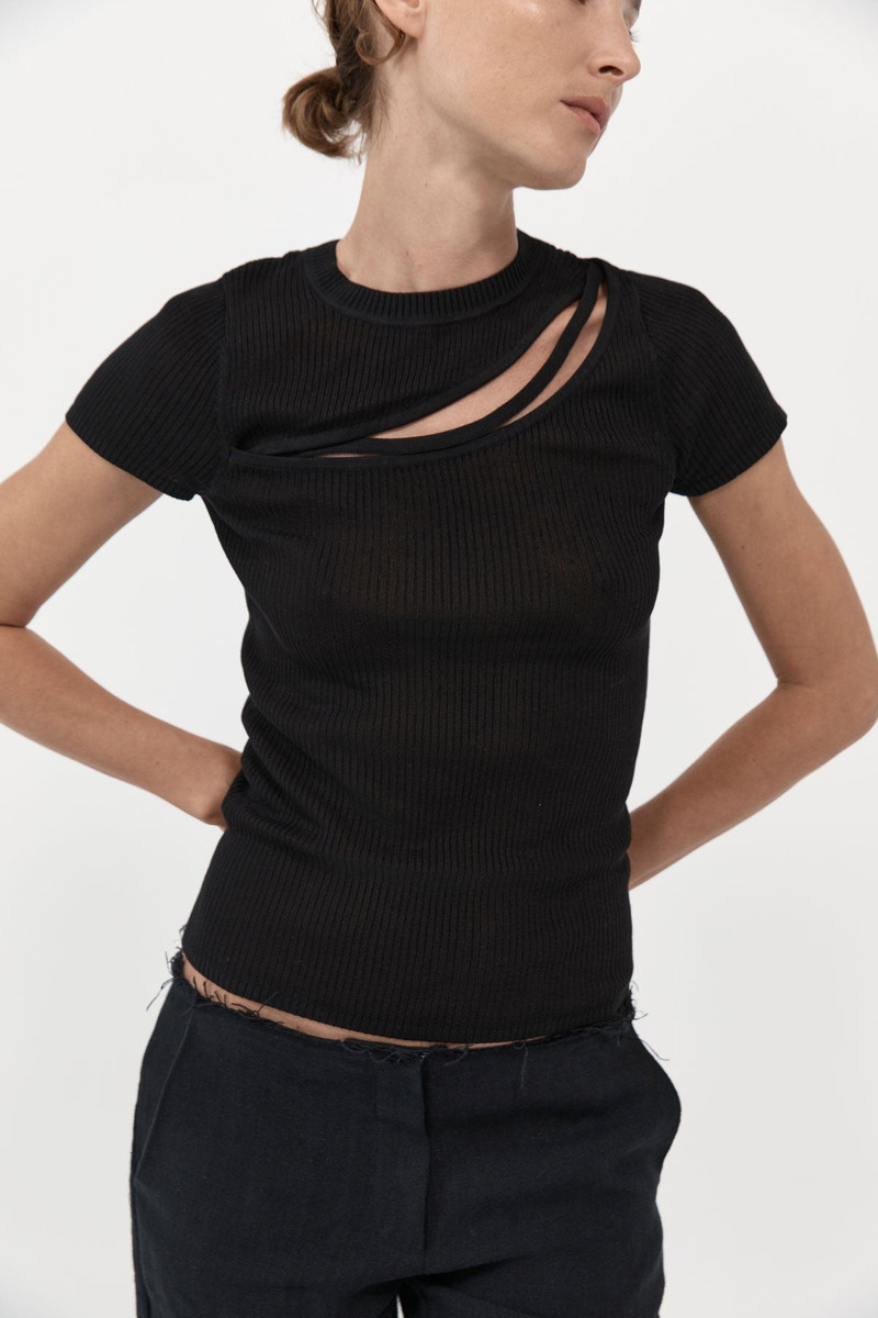 ST. AGNI Cut Out Knit Tee - Black outlook