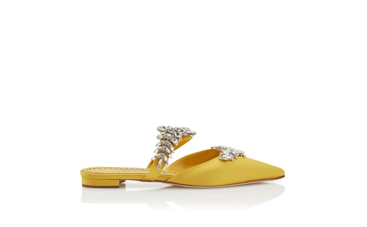 Yellow Satin Crystal Embellished Flat Mules - 1