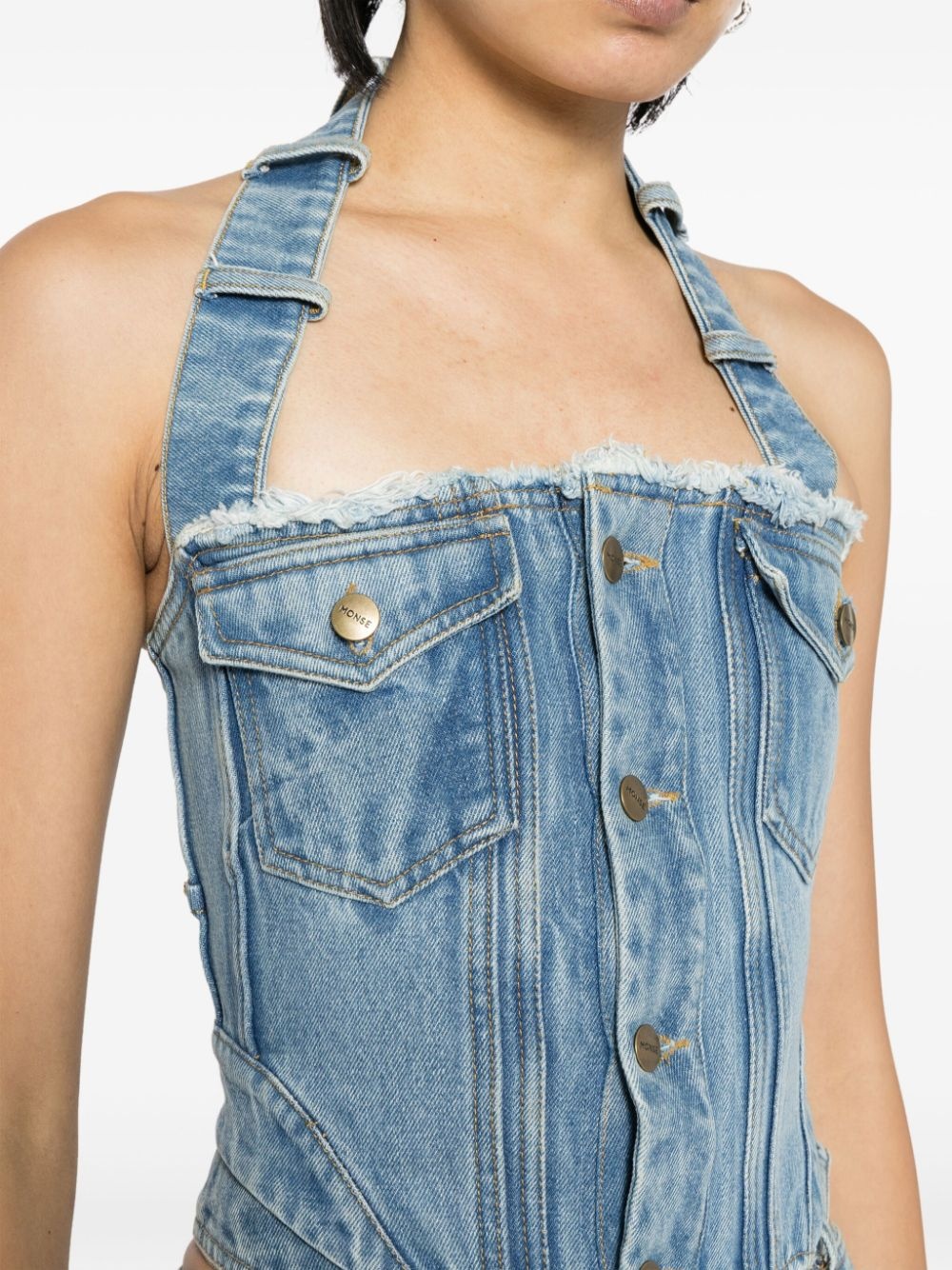 halterneck washed denim corset top - 5