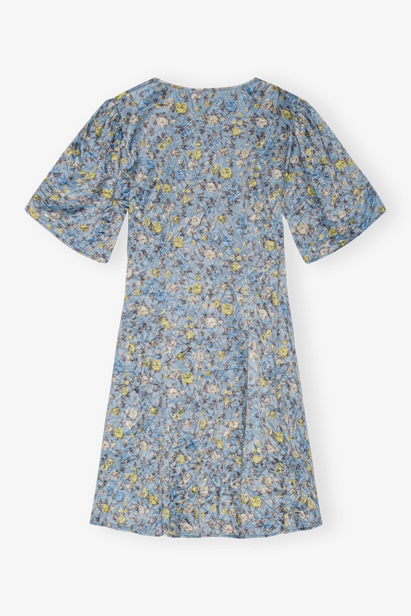 BLUE FLORAL PRINTED CRINKLED SATIN MINI WRAP DRESS - 6