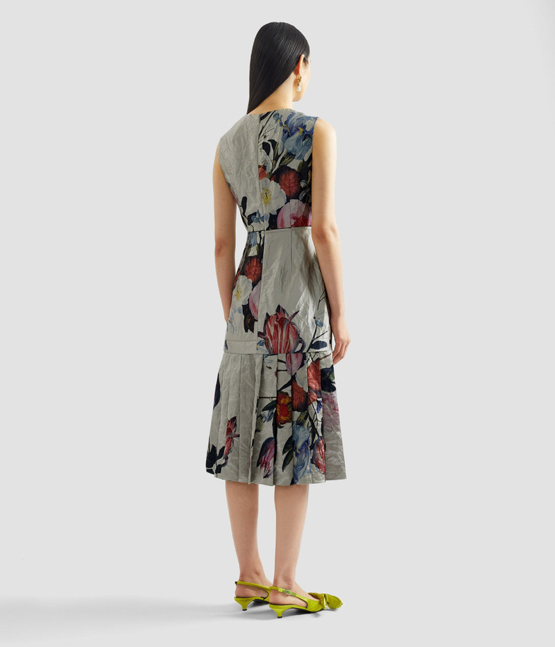 FLORAL PRINT TEXTURED SATIN SLEEVELESS MIDI DRESS 3
