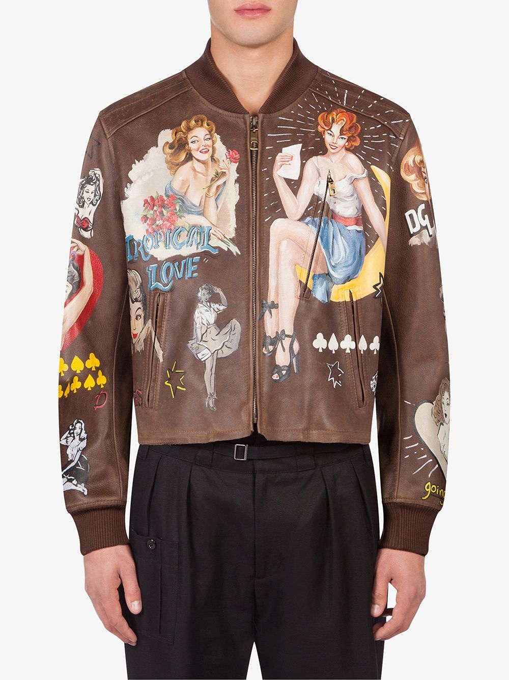 graphic print leather bomber jacket - 3