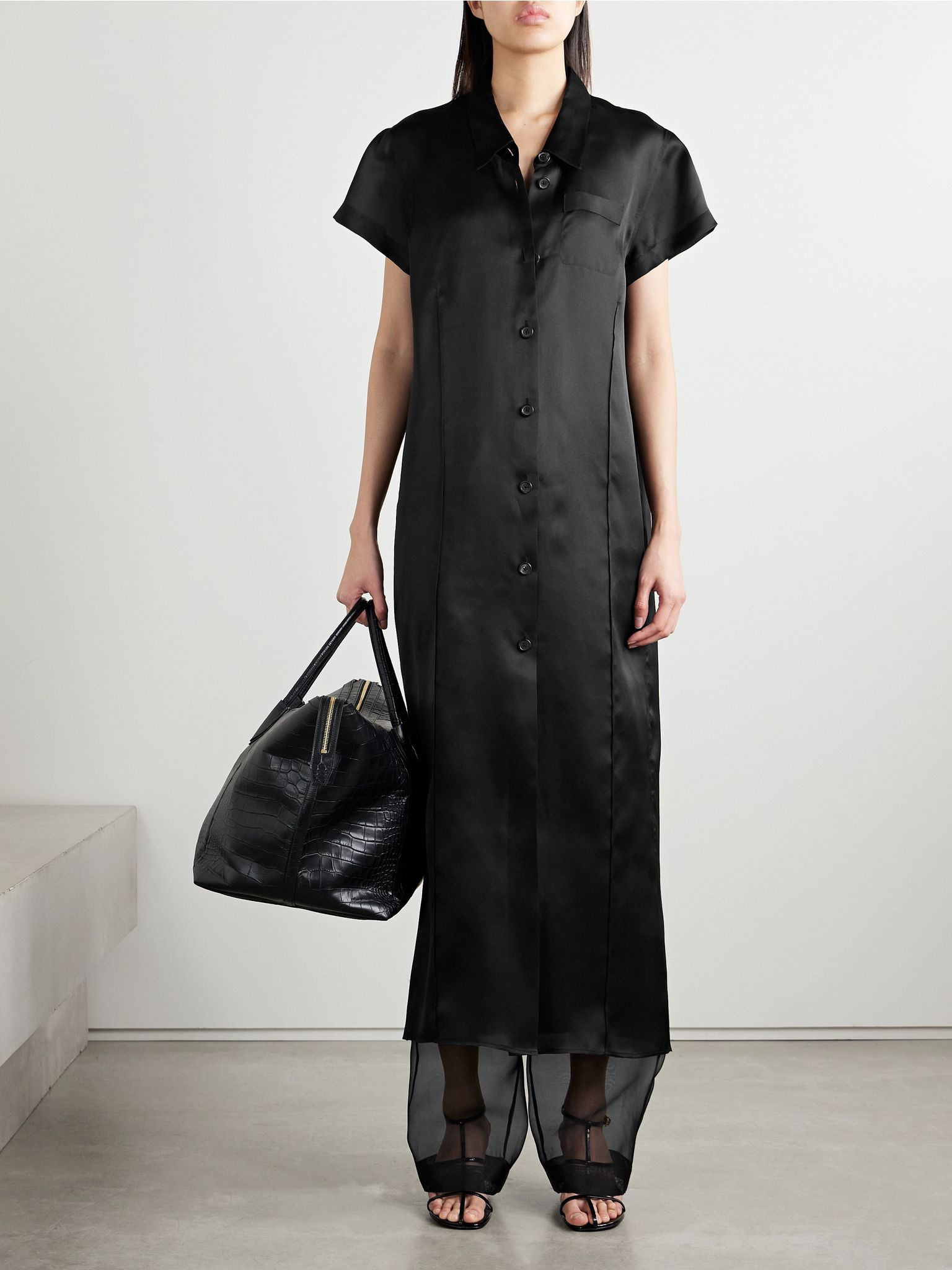 Effy silk and cotton-blend organza midi shirt dress Black - 2