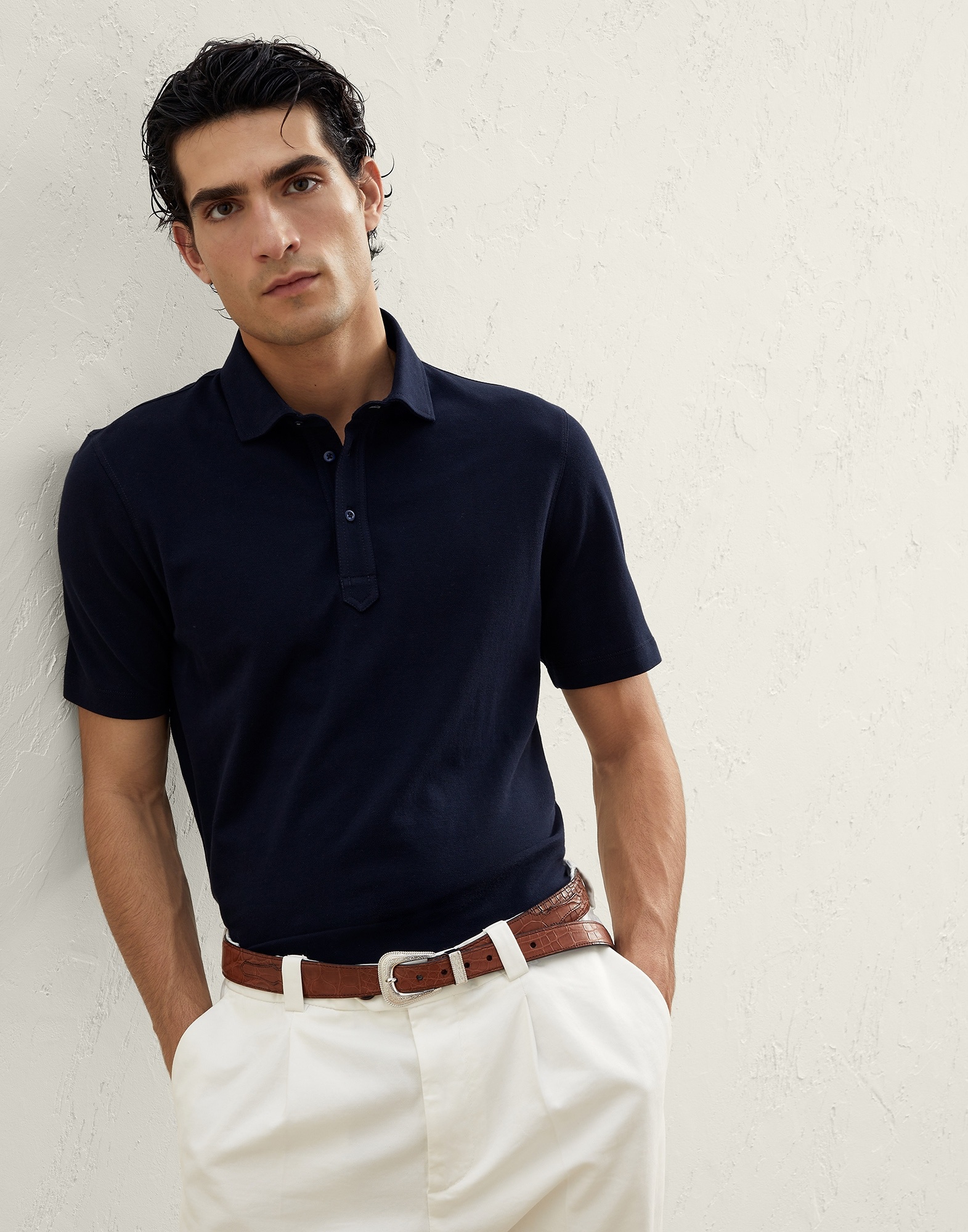 Cotton piqué slim fit polo with shirt-style collar - 4