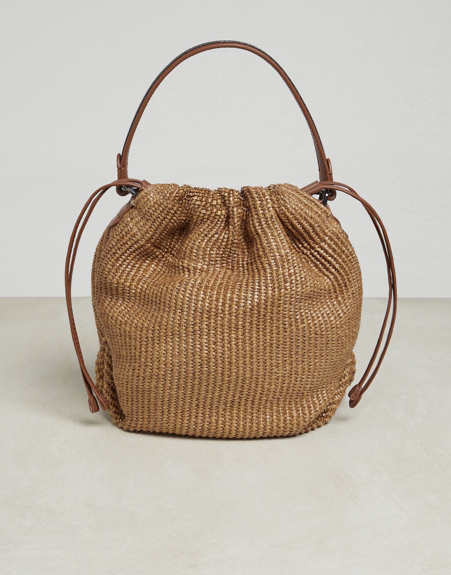 Techno raffia bucket bag with shiny handle - 1