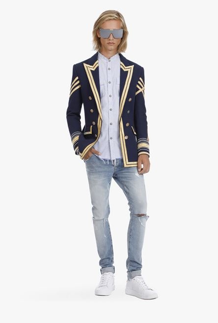 Navy blue embroidered blazer with double-breasted buttoned fastening - 2