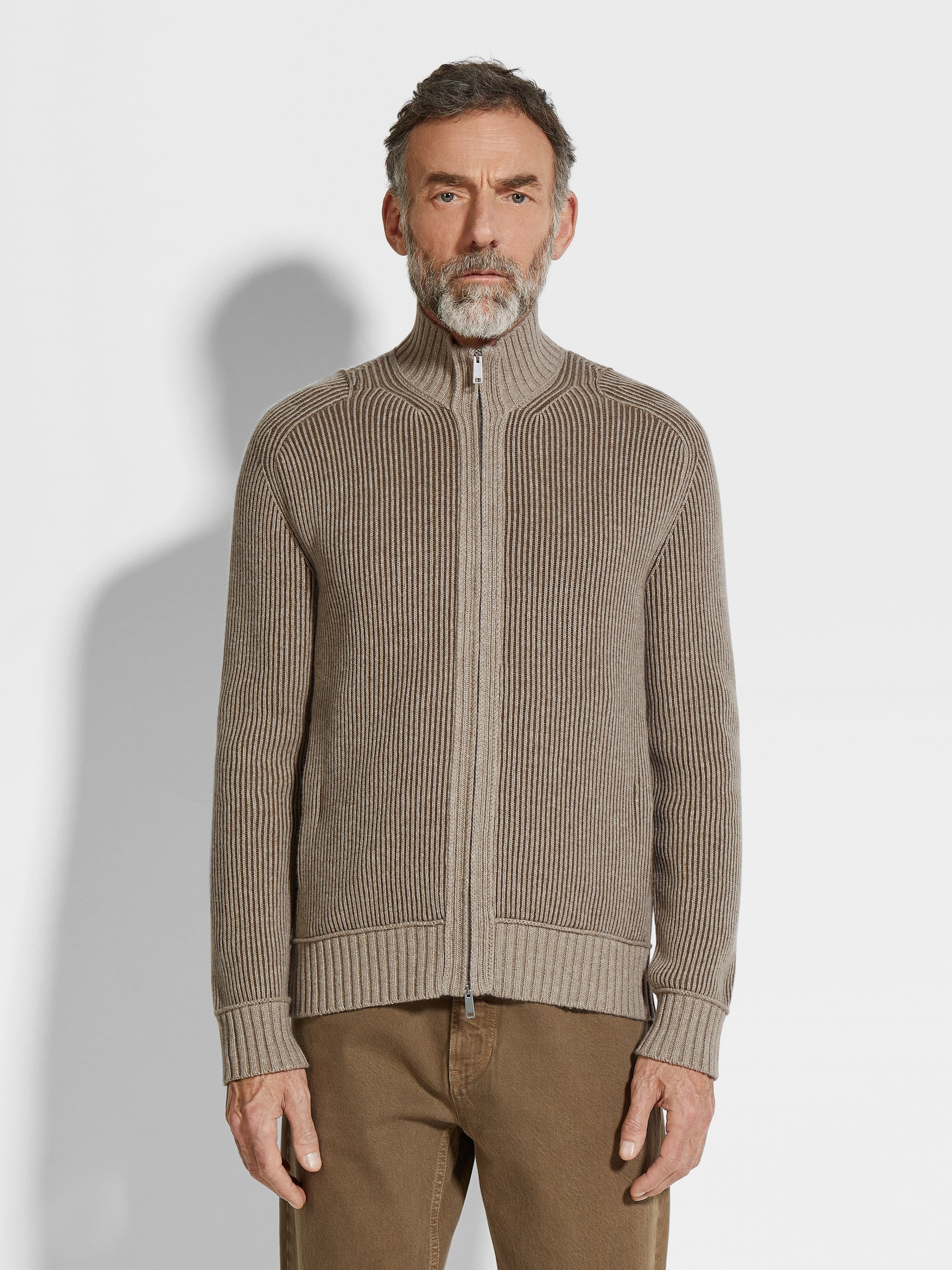 LIGHT TAUPE AND KHAKI MÉLANGE OASI CASHMERE FULL ZIP CARDIGAN - 4