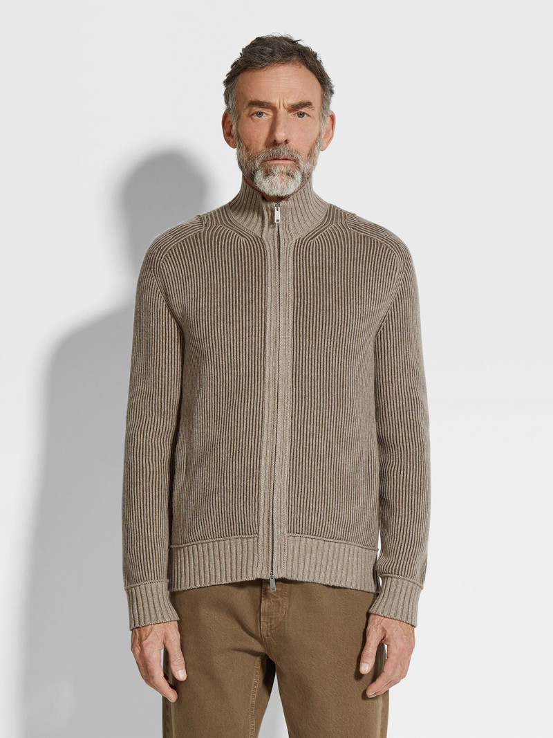 LIGHT TAUPE AND KHAKI MÉLANGE OASI CASHMERE FULL ZIP CARDIGAN 4